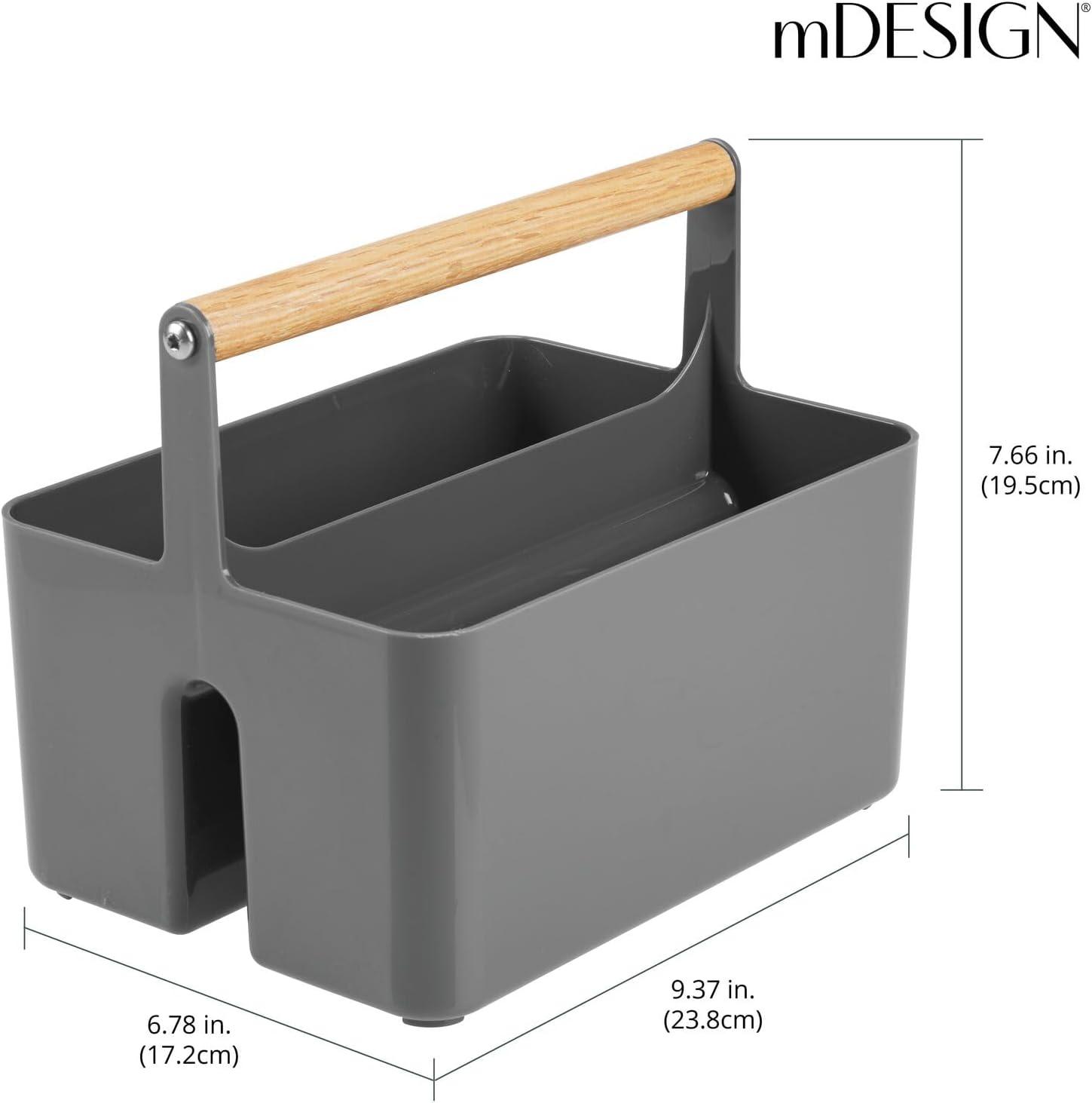 mDesign Plastic Portable Shower Caddy Divided Basket Bin Storage Organizer with Bamboo Handle for Bathroom, Dorm, Shelf & Cabinet Holds Shampoo, Conditioner - Aura Collection, Charcoal Gray/Natural