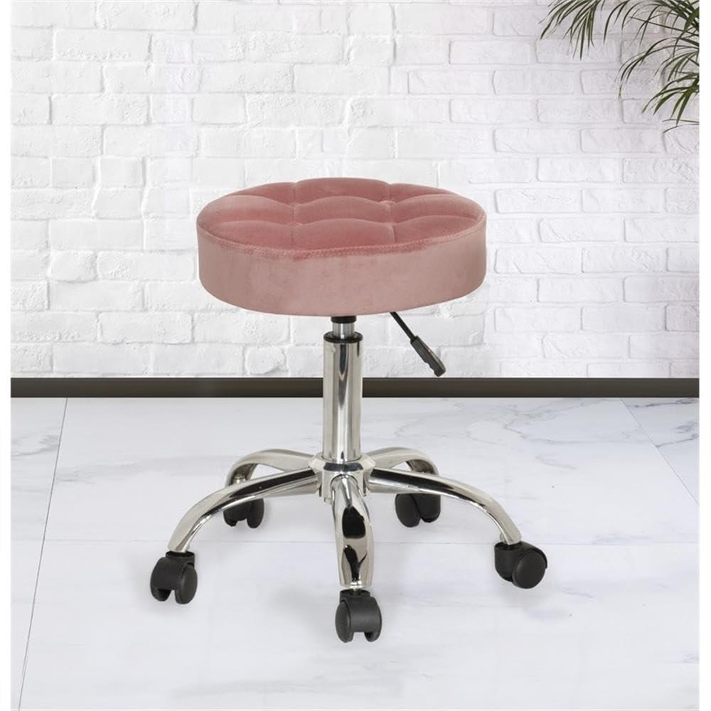 Dusty Pink Velvet Adjustable Backless Office Stool with Chrome Base