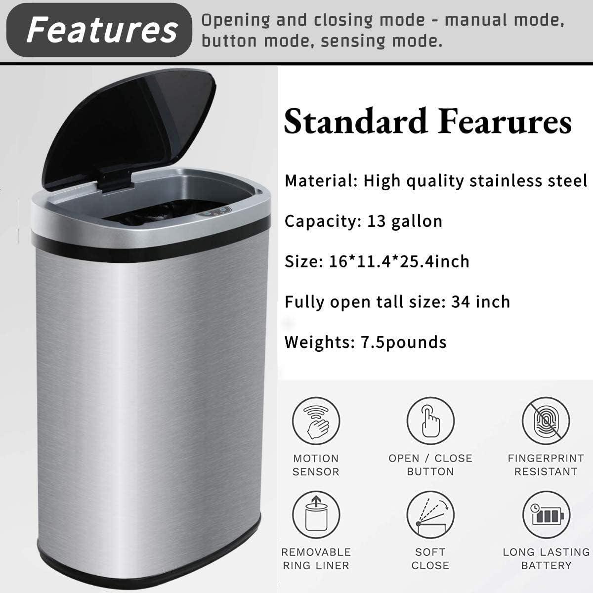 13 Gallon Silver Stainless Steel Touchless Trash Can