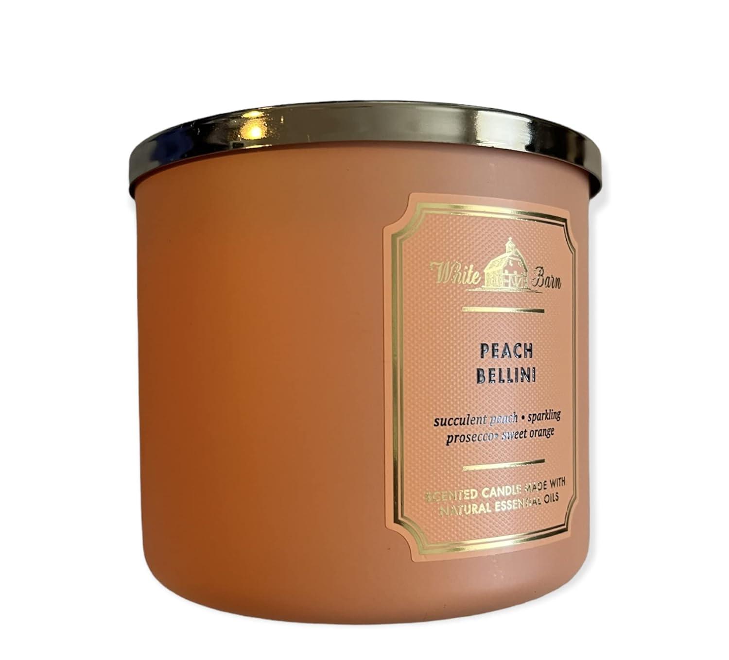 Bath and Body Works White Barn 3 Wick Scented Candle Peach Bellini with Essential Oils 14.5 Ounce