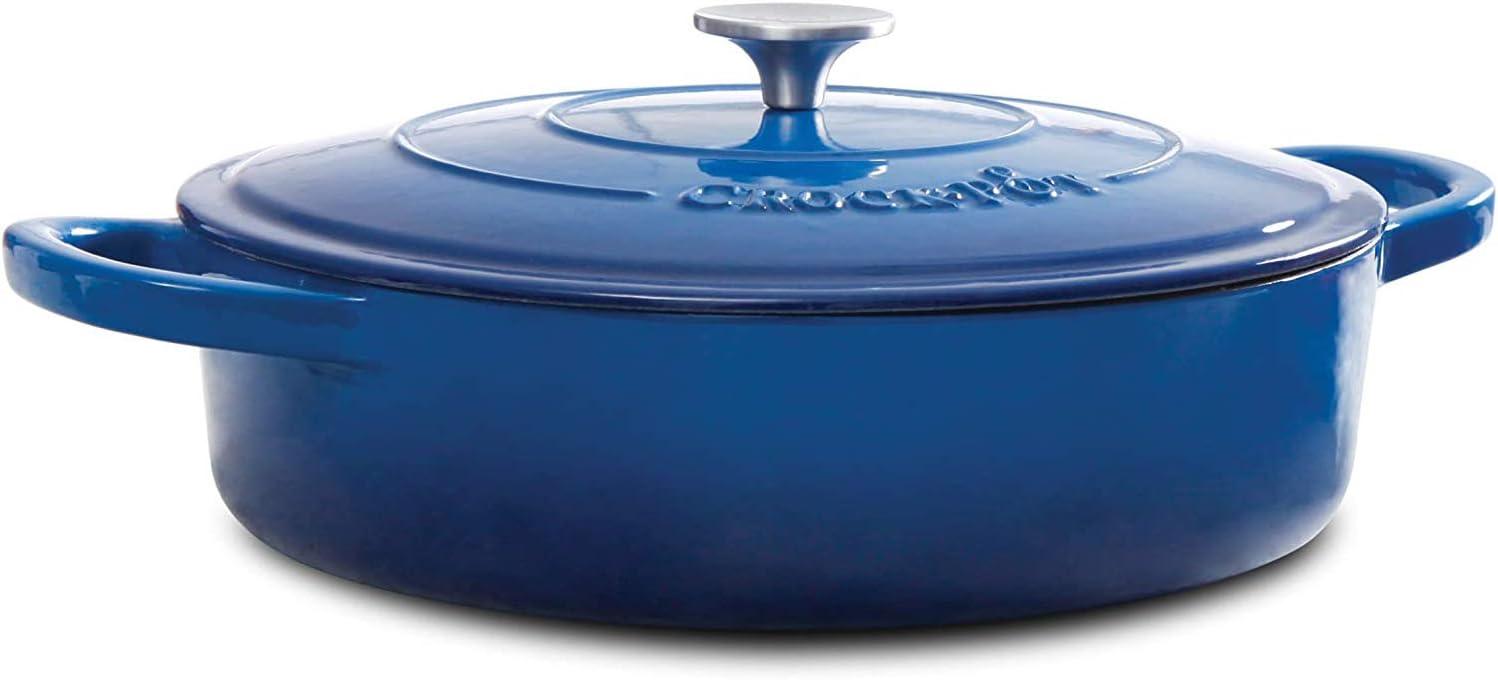 Crock Pot Artisan Enameled 5 Quart Cast Iron Round Braiser Pan with Self Basting Lid in Sapphire Blue