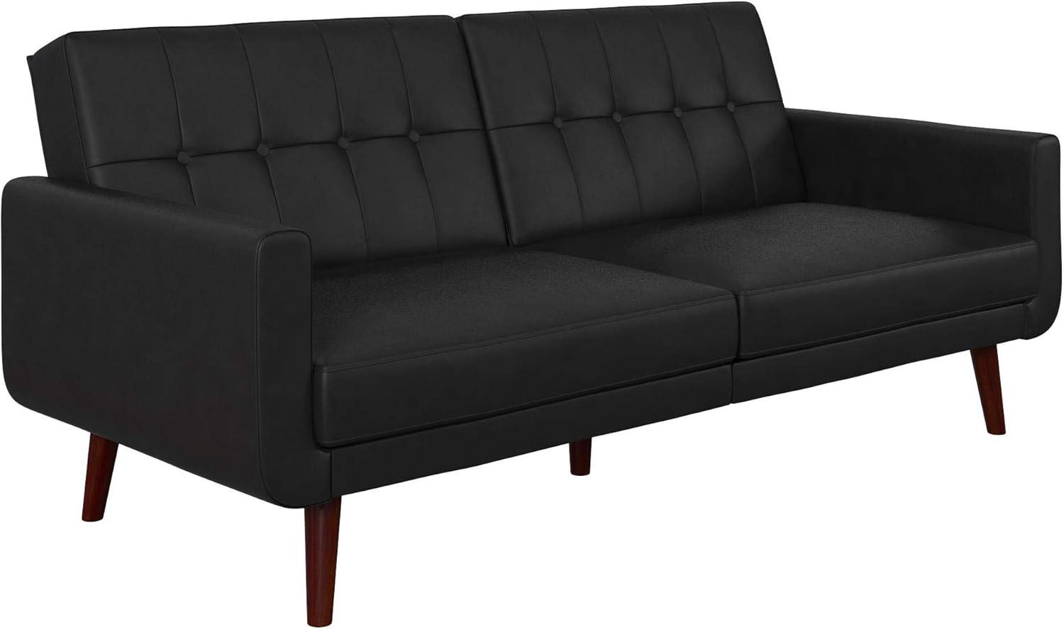 Nia Black Faux Leather Tufted Sleeper Sofa with Wood Legs