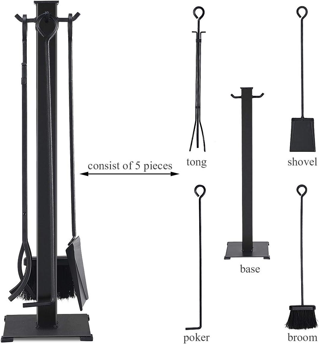 Black Wrought Iron 5-Piece Fireplace Tool Set with Stand