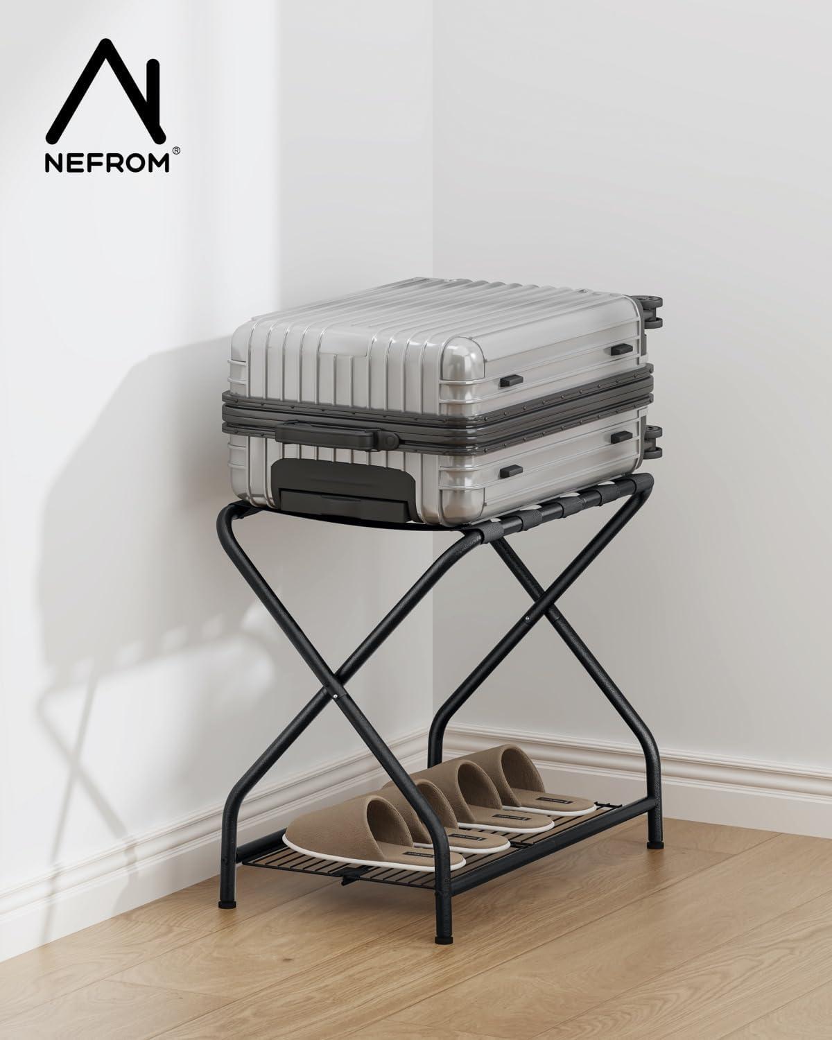 A Home Rack Set Of 2, Foldable Suitcase Stand With Storage Shelf, Metal Luggage Holder For Guest Room, Bedroom