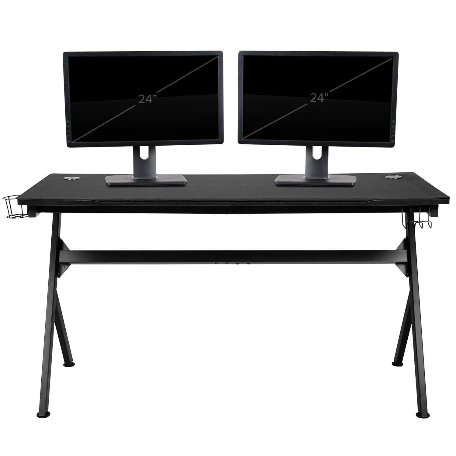 Flash Furniture Black Gaming Desk and Black Footrest Reclining Gaming Chair Set with Cup Holder, Headphone Hook & 2 Wire Management Holes