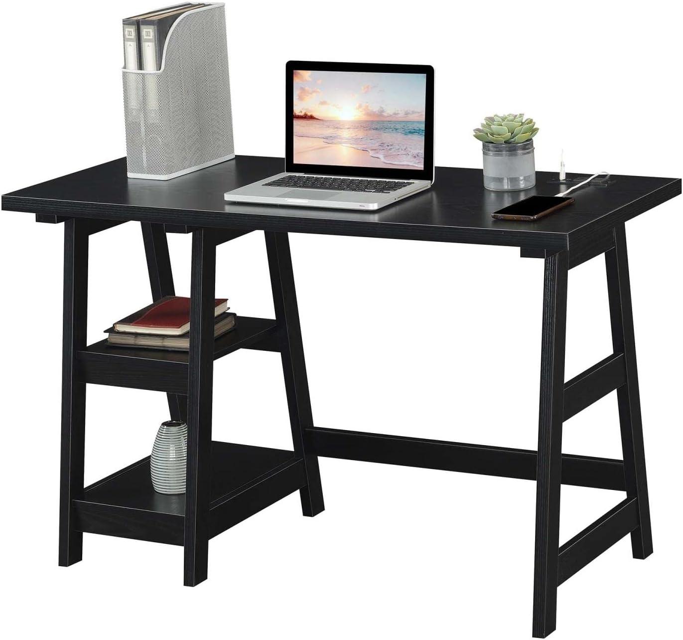 Modern Black Wood Desk with USB Charging Station, 47" Length