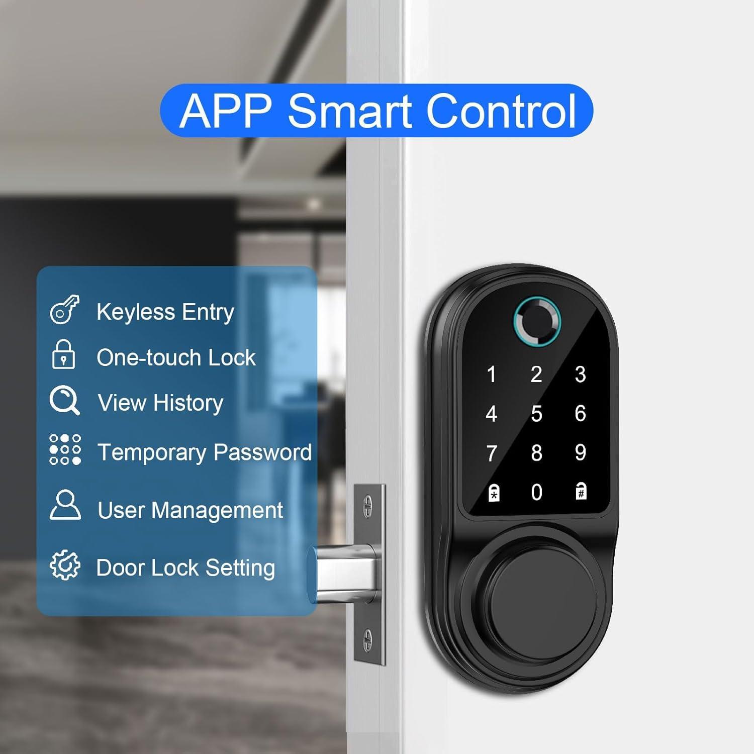 Smart Door Lock,Loctian Biometric Keyless Electronic Door Lock With Handle and APP Control,Fingerprint Smart Lock Deadbolt for Home,Apartment,Office and Garages,Black