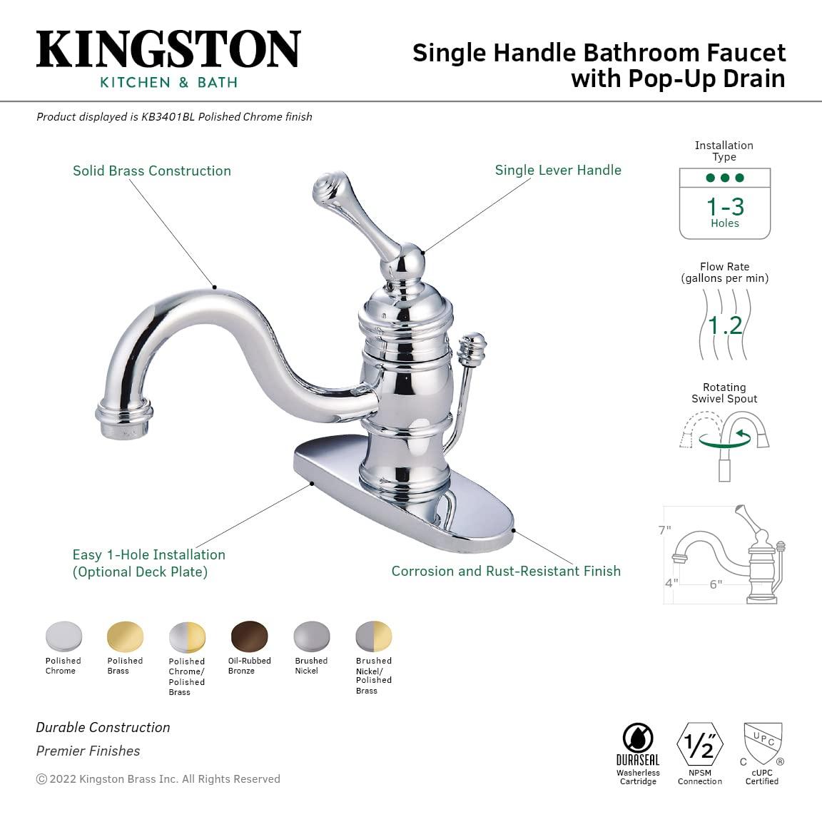 Kingston Brass Victorian Single-Handle 1-Hole Deck Mount Bathroom Faucet with Plastic Pop-Up