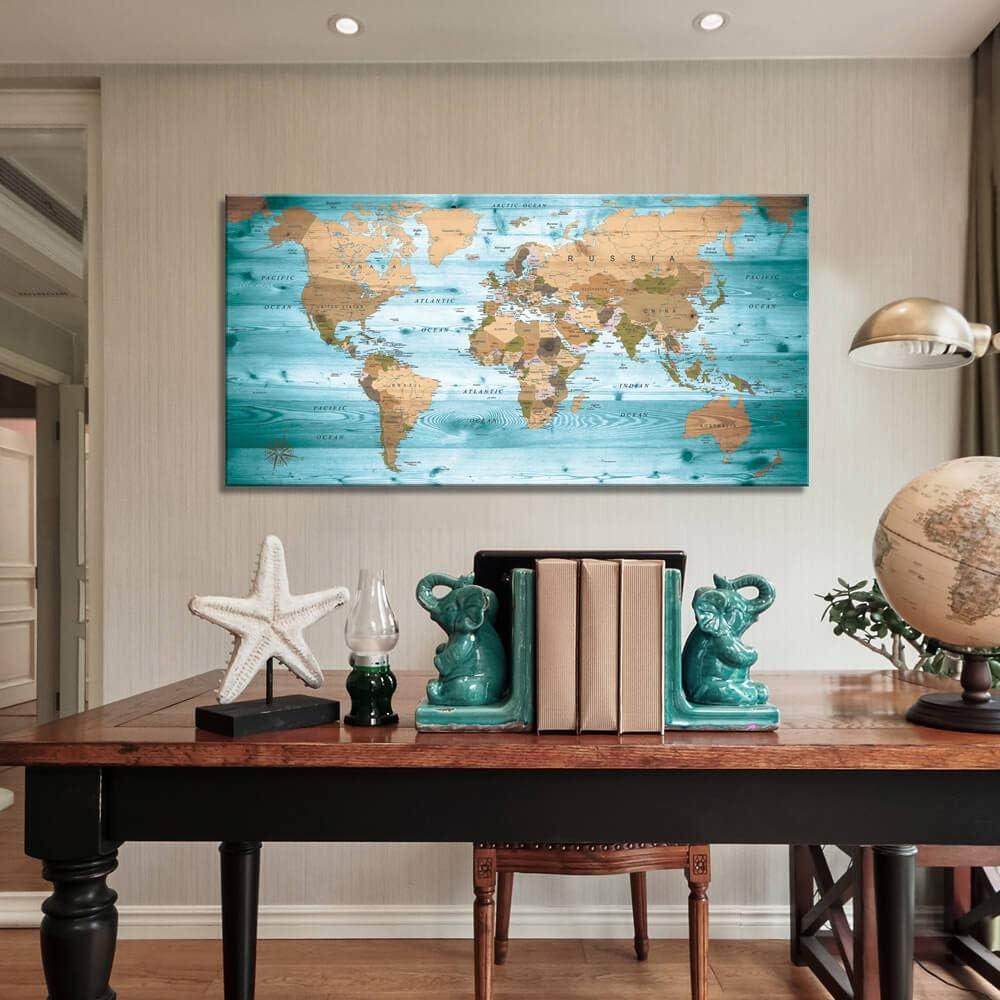 World Map Poster Wall Art for Office Decor Vintage Photos Canvas Prints Nautical Large Modern Framed Map of The World Canvas Wall Art Maps Pictures for Living Room Home Decor 24 x 48 Inches