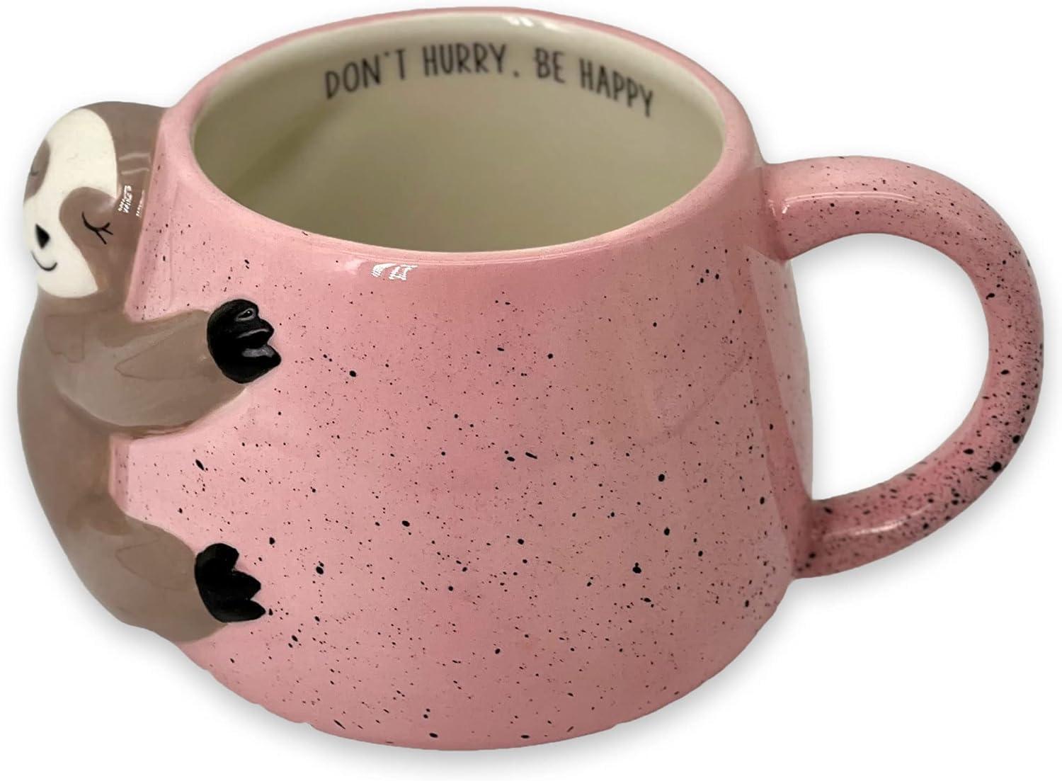 Pink Ceramic Sloth Shaped Coffee Mug with Printed Saying