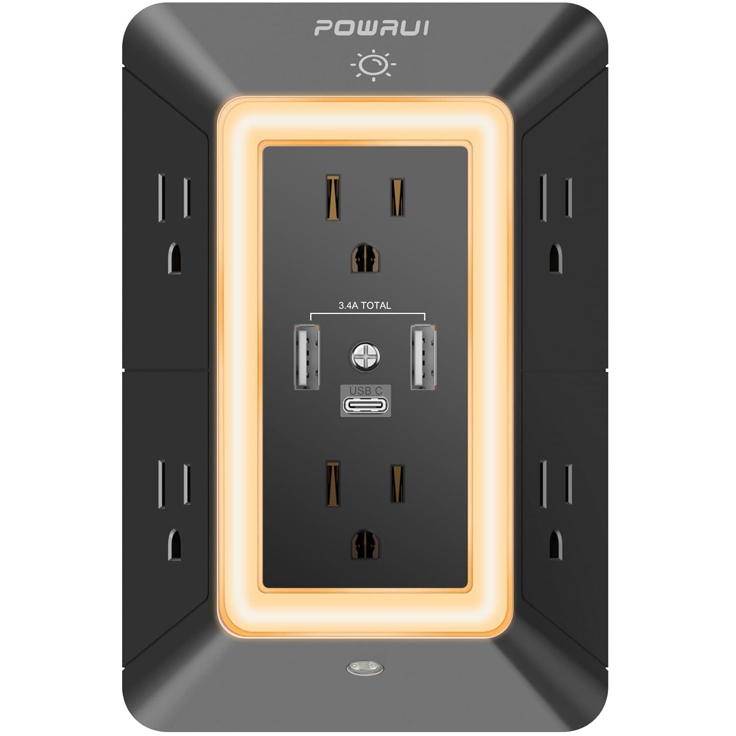 Outlet Extender Power Strip, POWRUI 6 AC Surge Protector Outlets with 3 USB Ports (1 USB C) and Night Light, 3-Sided Multi Plug Wall Outlet with Spaced Outlets - Black, ETL Listed