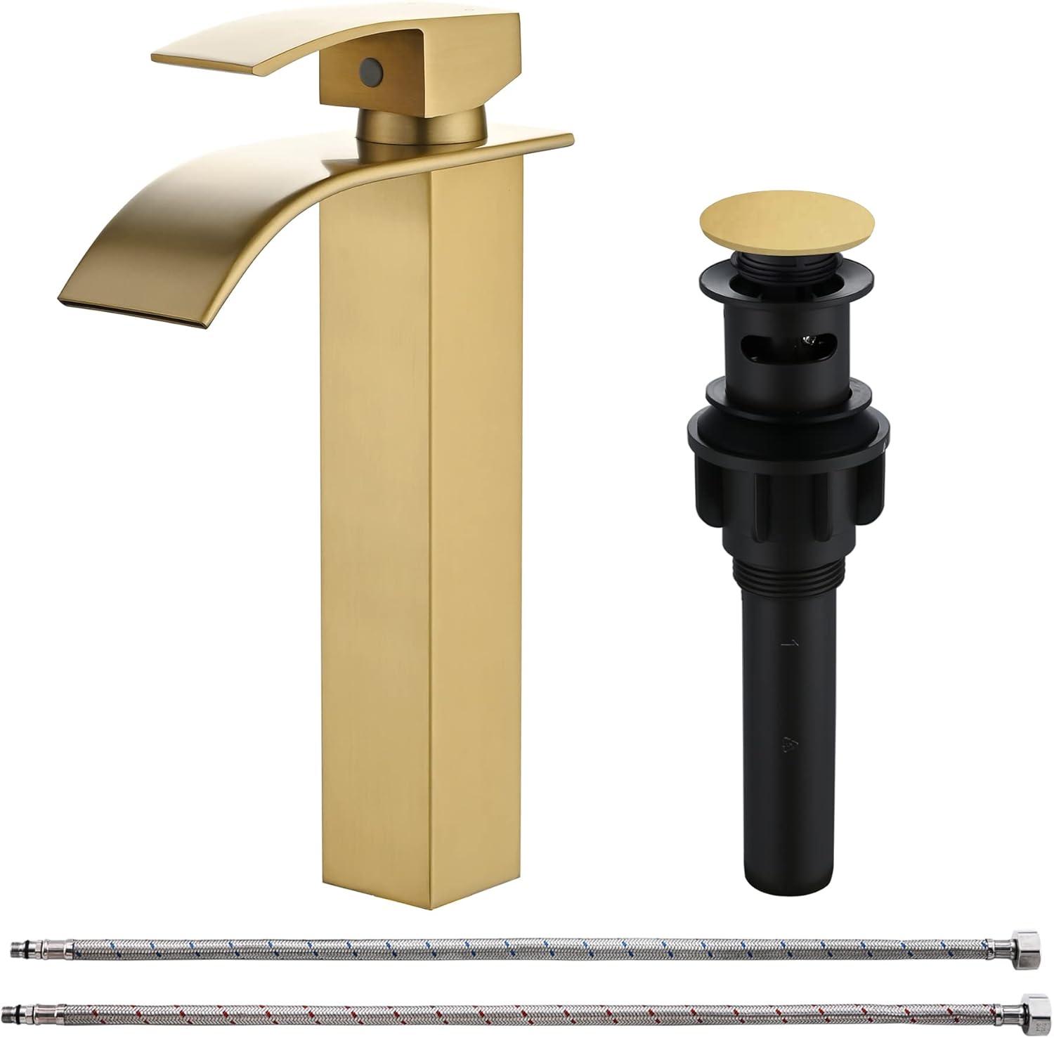 WOWOW Brushed Gold Waterfall Bathroom Faucet  Single Handle Faucet for Bathroom Sink