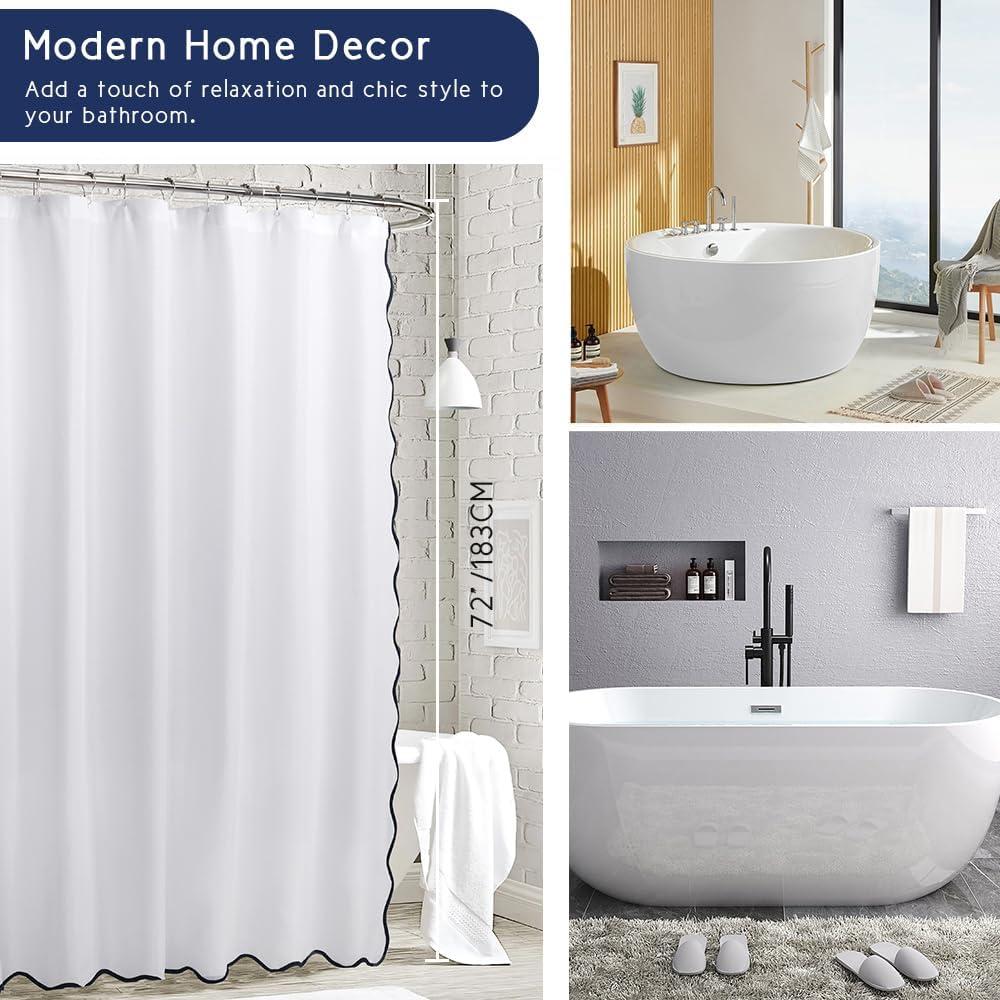 Boho Chic Aesthetic Scallop Edge Shower Curtain, Decorative Coastal Bathroom Curtain for Home Decor, 72 x 72 White and Navy Elegant Minimalist Textured Cloth Bath Curtain (LQ-36)