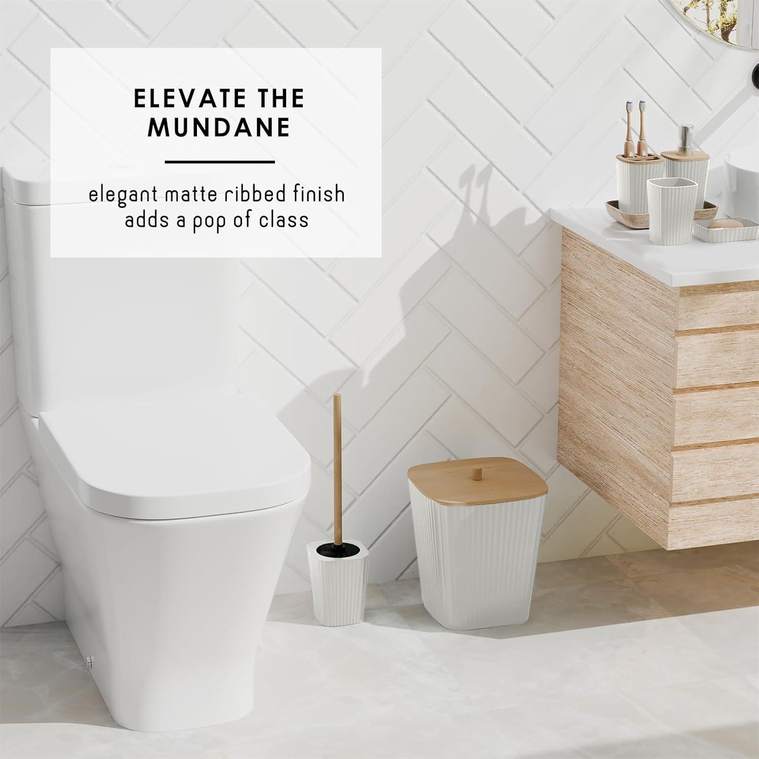 Clara Clark Bathroom Set - White Bathroom Accessories Set, 6PC Bathroom Accessory Set, Bathroom Sets with Adhesive Corner Shower Caddy Hanging, Toilet Brush, Trash Can & Soap Dispenser