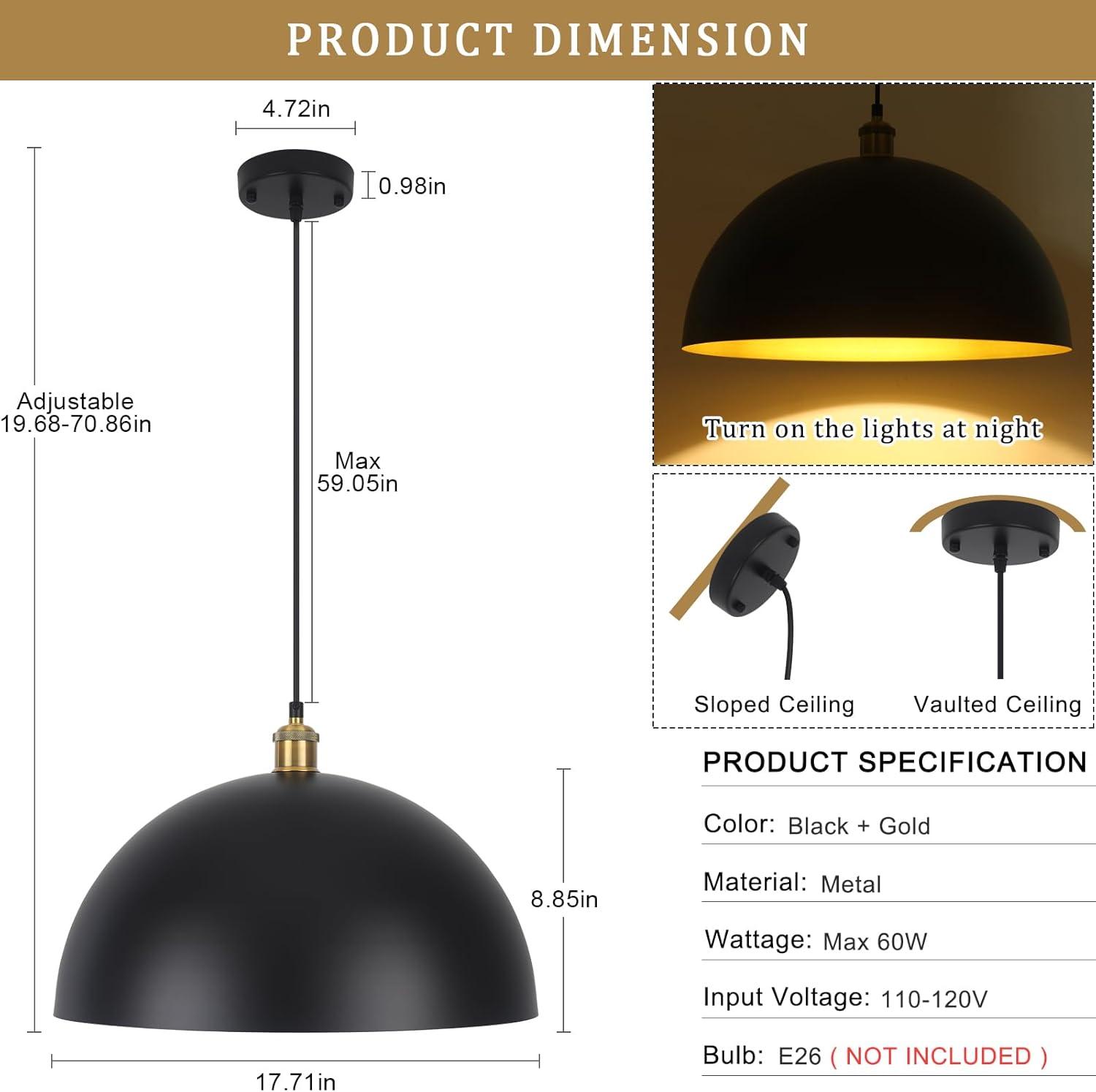Large Pendant Light Black and Gold Dome Pendant Light Fixtures 17.71” Industrial Hanging Lamp Modern Farmhouse Dome Chandelier Pendant Lighting for Kitchen Island Hallway Dining Room Entryway Foyer