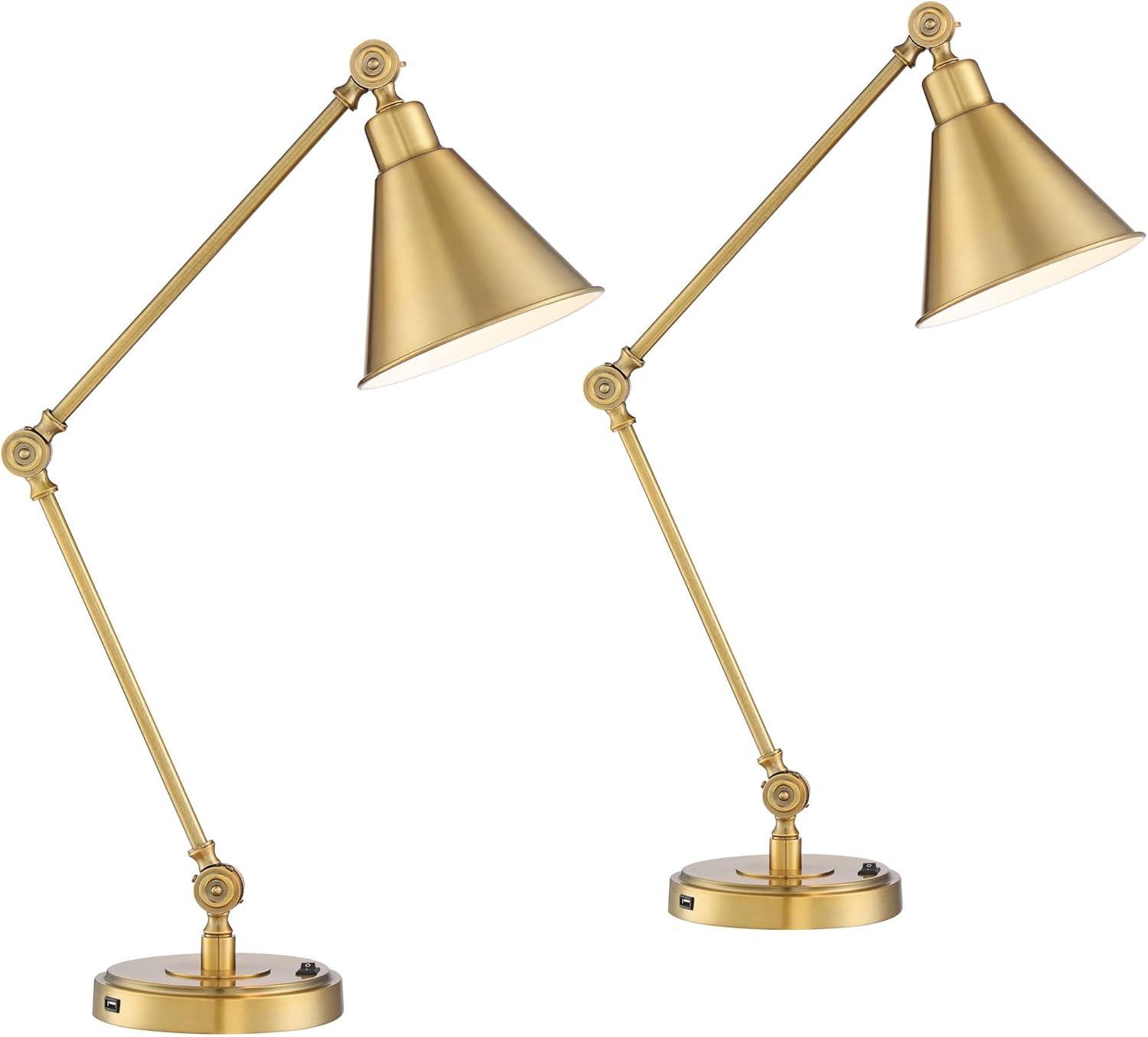 360 Lighting Wray 26 3/4" Tall Modern Desk Lamps Set of 2 USB Port Adjustable Warm Antique Gold Finish Metal Home Office Living Room Charging Bedroom