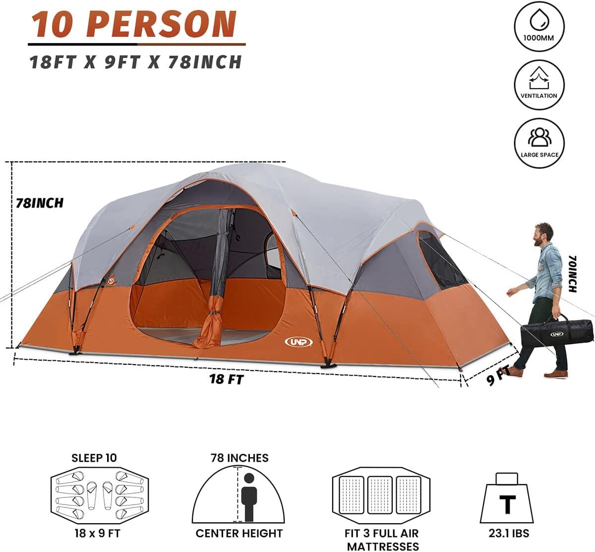 10-Person Orange Polyester 2-Room Camping Tent