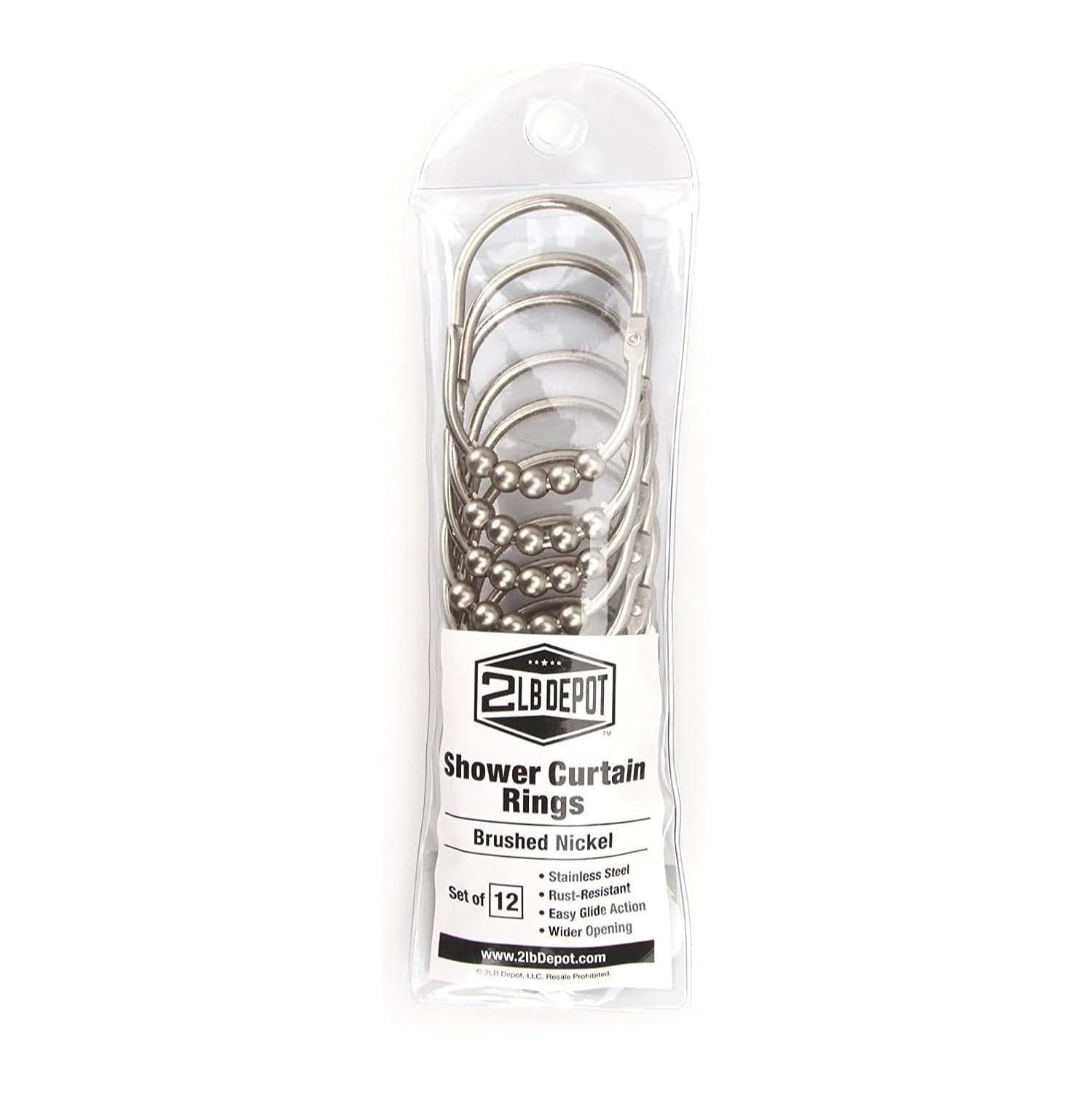2LB Depot Shower Curtain Rings - Set of 12 - Decorative Brushed Satin Nickel Finish - Easy Glide Rollers - Rustproof Stainless Steel - Shower Curtain Hooks