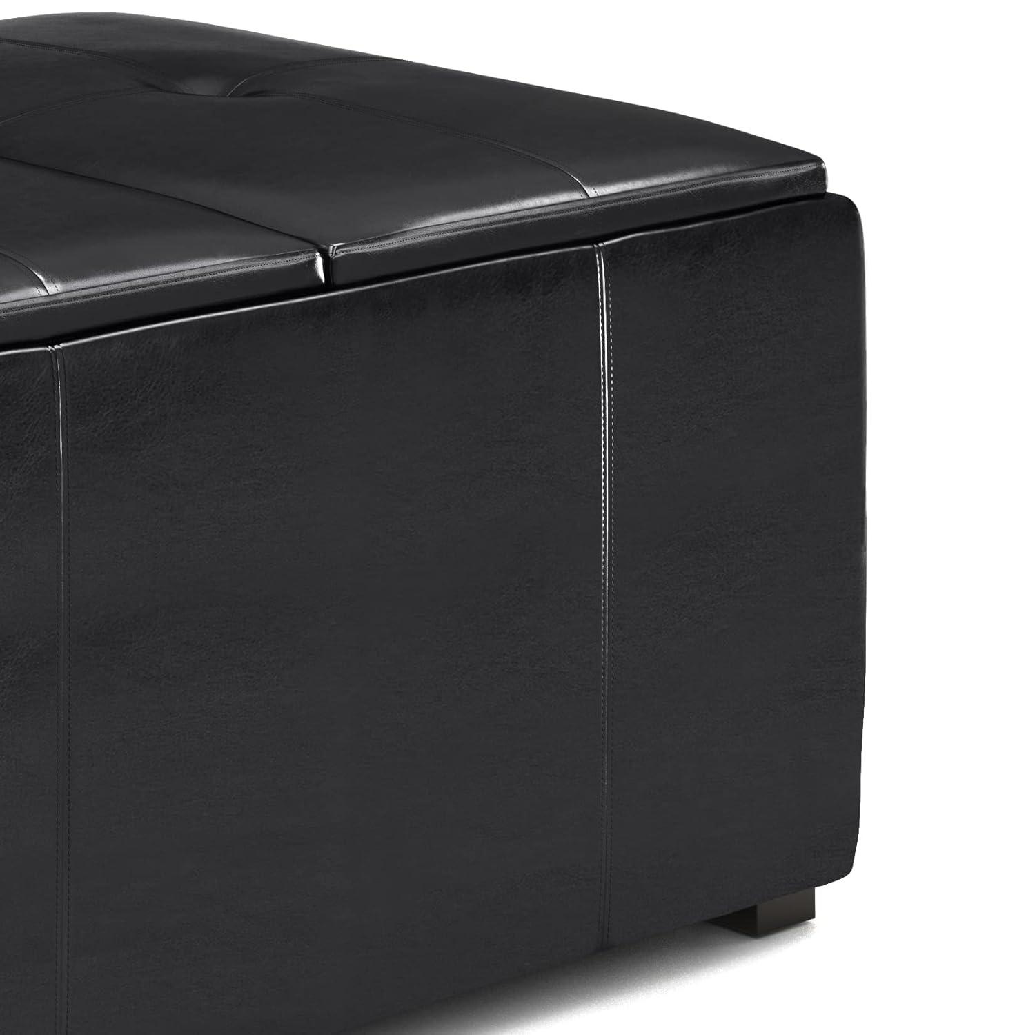 Simpli Home Avalon 34in.W Coffee Table Storage Ottoman in Midnight Black Faux Air Leather