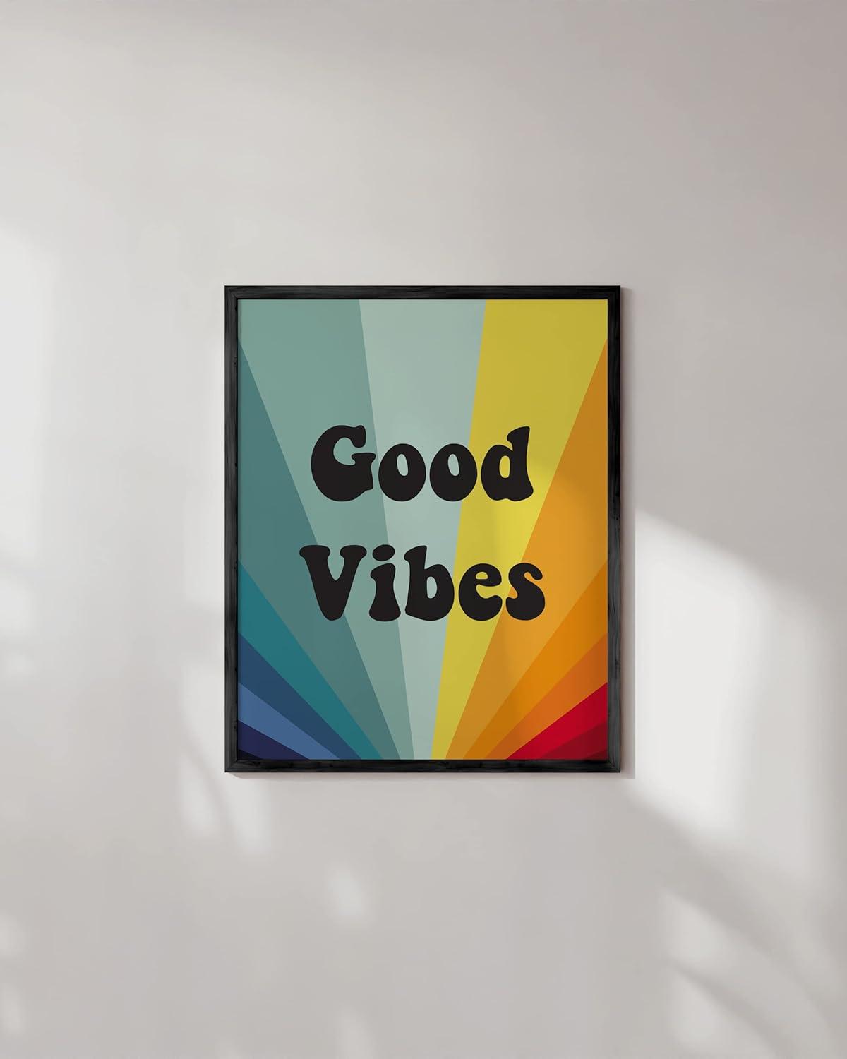 HAUS AND HUES Dope Posters Good Vibes Wall Decor - Good Vibes Only Wall Decor and Retro Posters | Good Vibes Only Wall Art and Retro Posters for Room Aesthetic Hippie Posters BEIGE FRAMED 12" x 16"