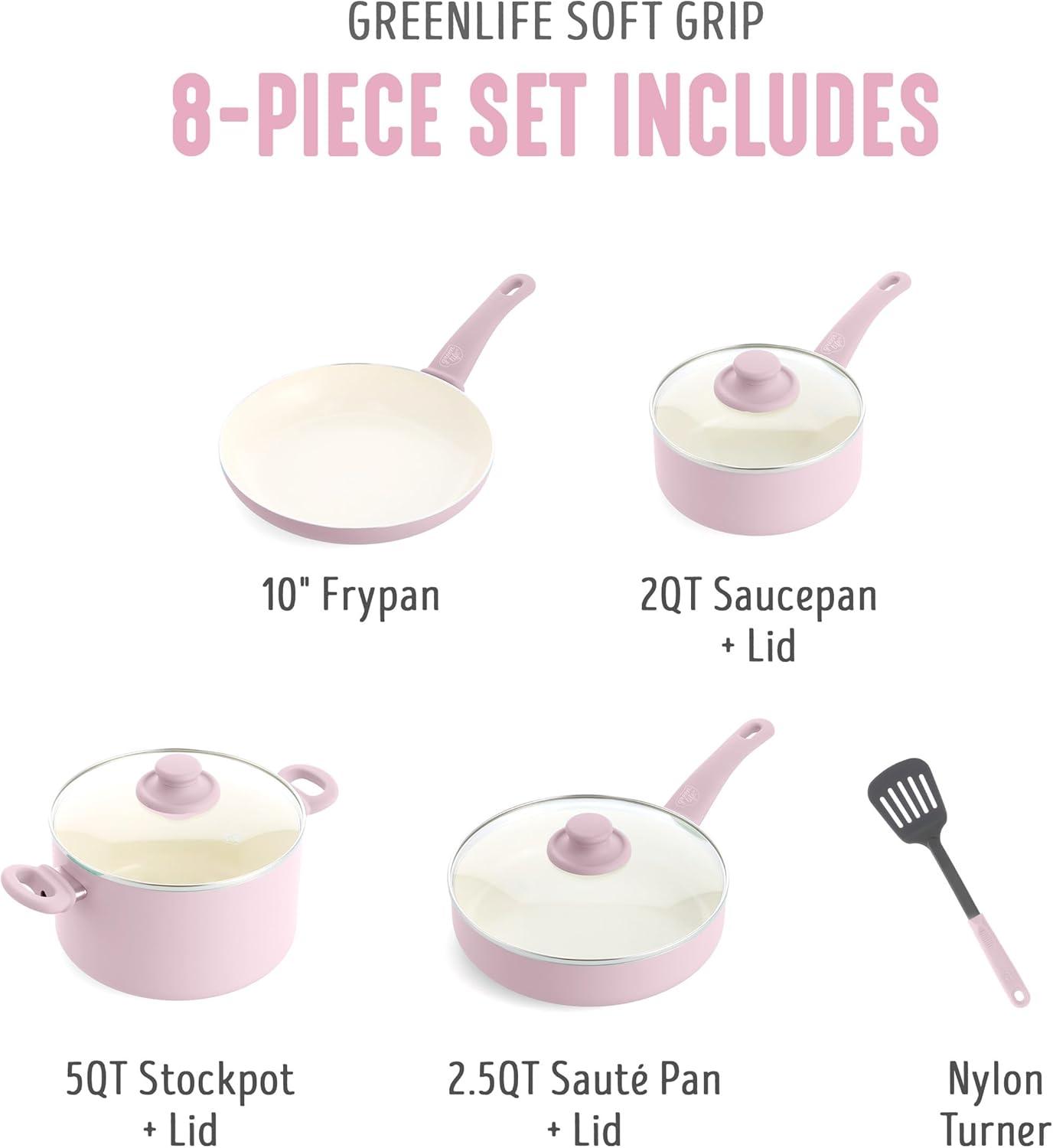 GreenLife 8 Piece Nonstick Cookware Set, Non-Toxic PFAS-Free Ceramic Pots & Pans, Dishwasher & Oven Safe, Frying, Sauce, Stock Pot, Glass Lids, Stay-Cool Handles, Wobble Free, Light Pink