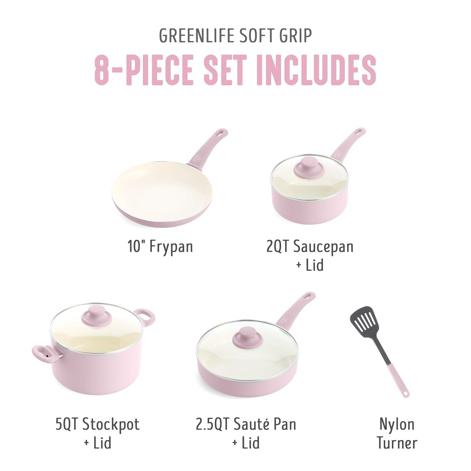 GreenLife 8 Piece Nonstick Cookware Set, Non-Toxic PFAS-Free Ceramic Pots & Pans, Dishwasher & Oven Safe, Frying, Sauce, Stock Pot, Glass Lids, Stay-Cool Handles, Wobble Free, Light Pink
