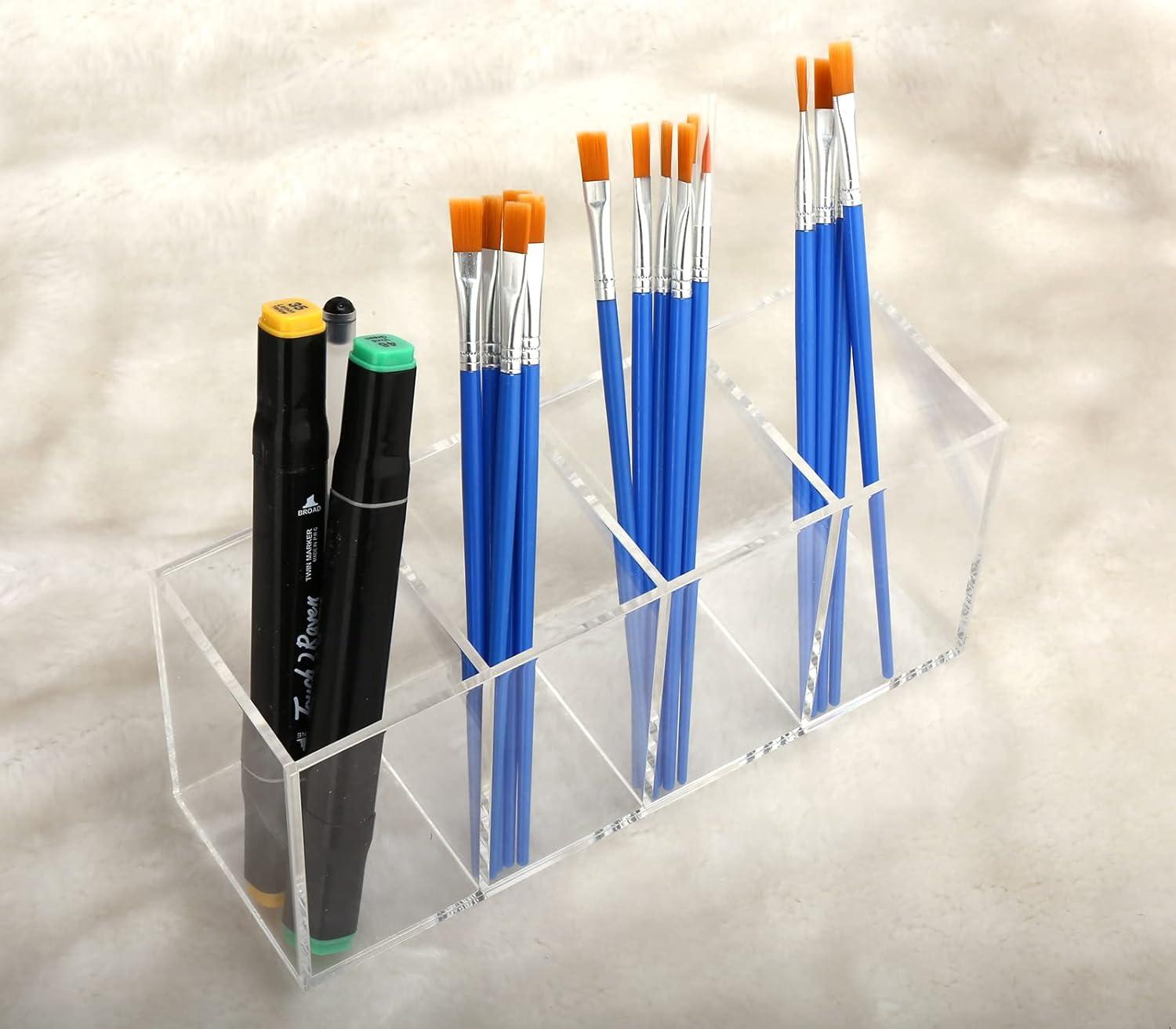 Ouskr Acrylic Pen Holder 4 Compartments, Clear Acrylic Pencil Holders for Desk, Makeup Brush Holder Cup Organizer, Pen Holder Stationery Storage Desktop Accessories for Office School Supplies