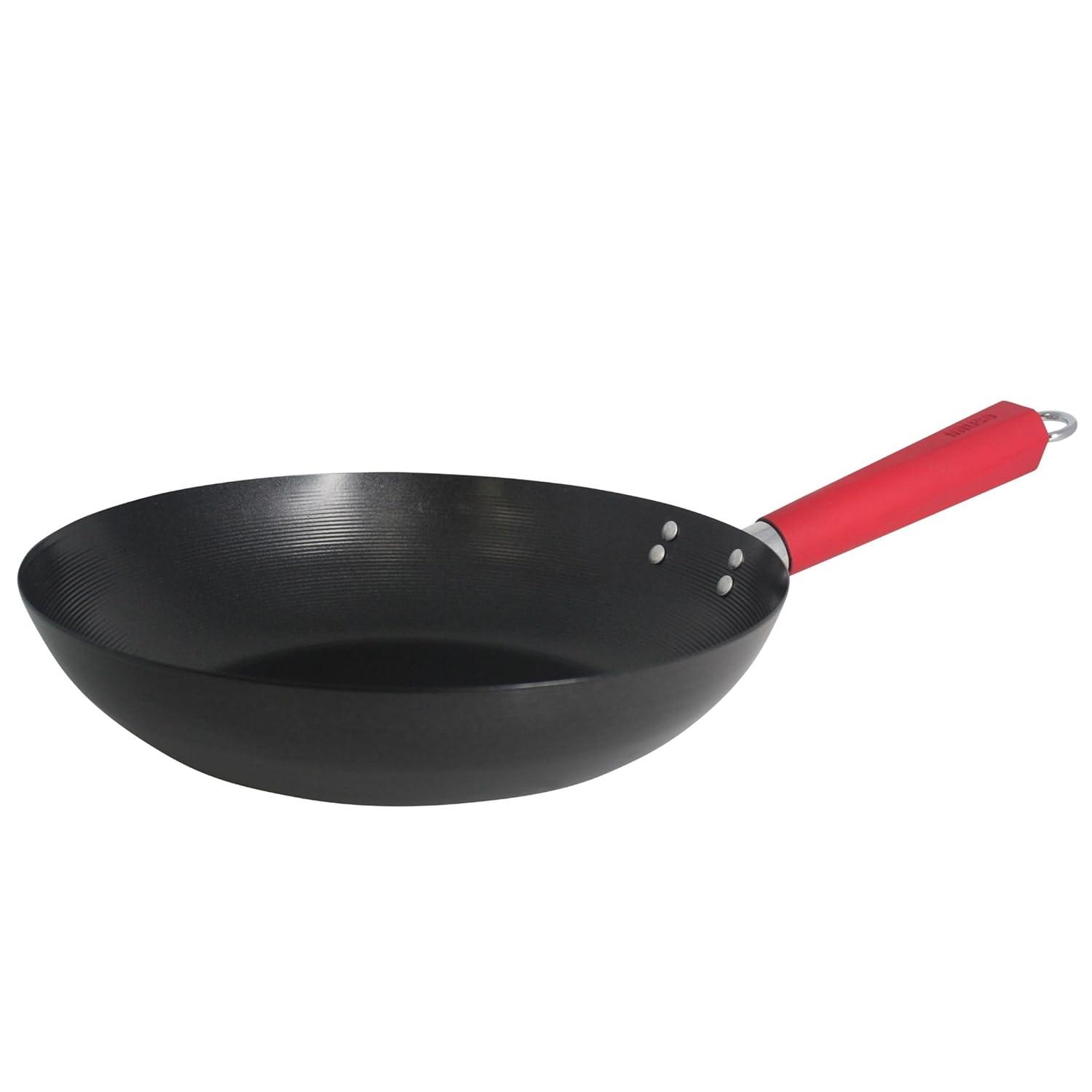 IMUSA 12in Carbon Steel Nonstick Wok with Red Soft Touch Handle, Black