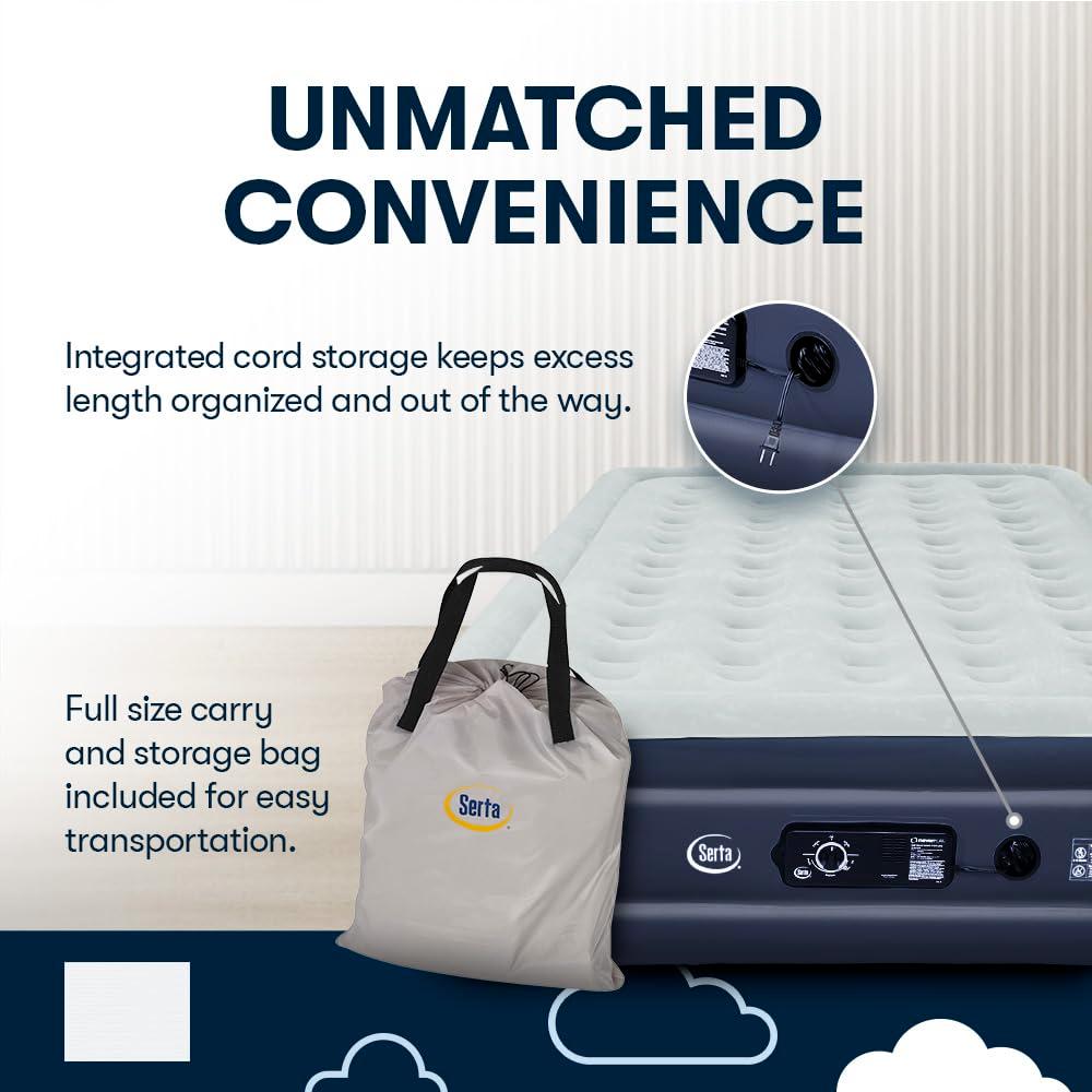 Serta Raised Air Mattress with Never Flat Pump | Luxury Inflatable Mattress with Built in Air Pump to Ensure a Good Night’s Rest | Heavy Duty Blow Up Mattress with Self Inflating Pump