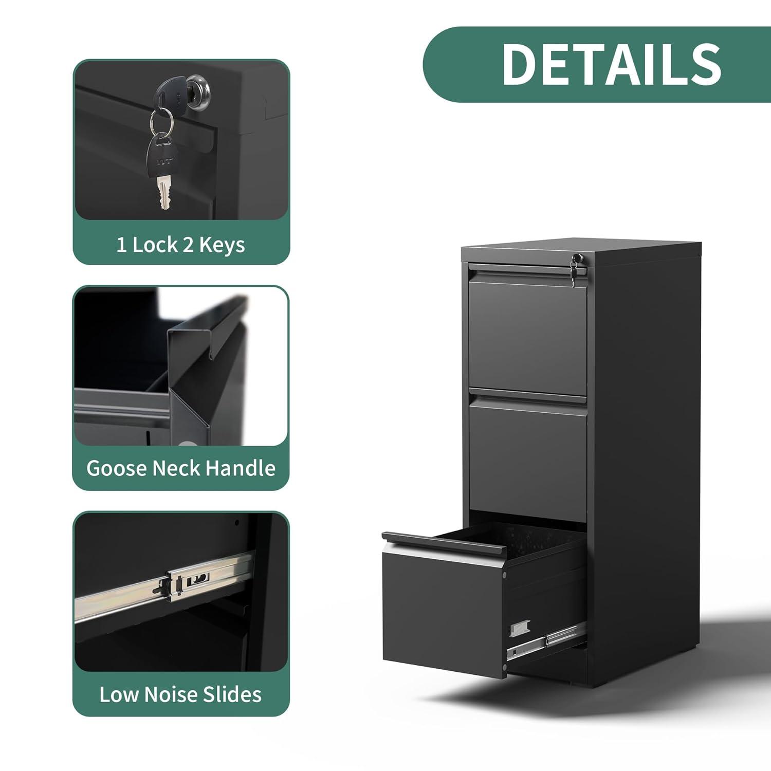 3 Drawer File Cabinet with Lock Metal Vertical File Cabinet Office Home Narrow File Cabinet for A4 Legal/Letter Size,Assembly Required (Black, 3 Drawers-Vertical)