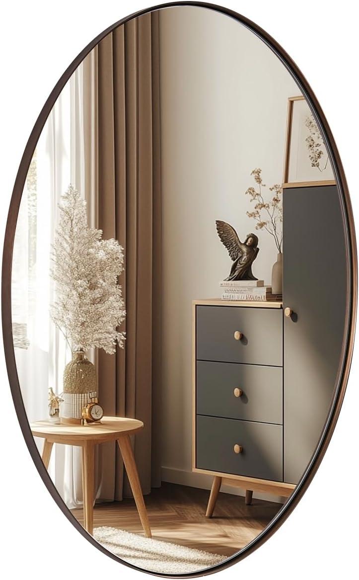 ANDY STAR Modern Decorative 22 x 30 Inch Oval Wall Mounted Hanging Bathroom Vanity Mirror with Stainless Steel Metal Frame, Brushed Bronze