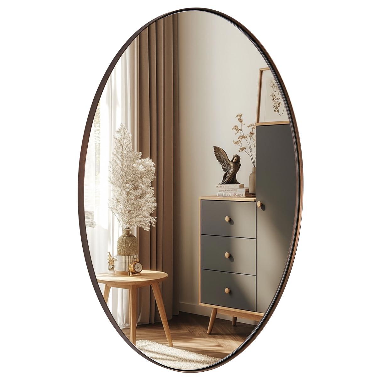 ANDY STAR Modern Decorative 22 x 30 Inch Oval Wall Mounted Hanging Bathroom Vanity Mirror with Stainless Steel Metal Frame, Brushed Bronze