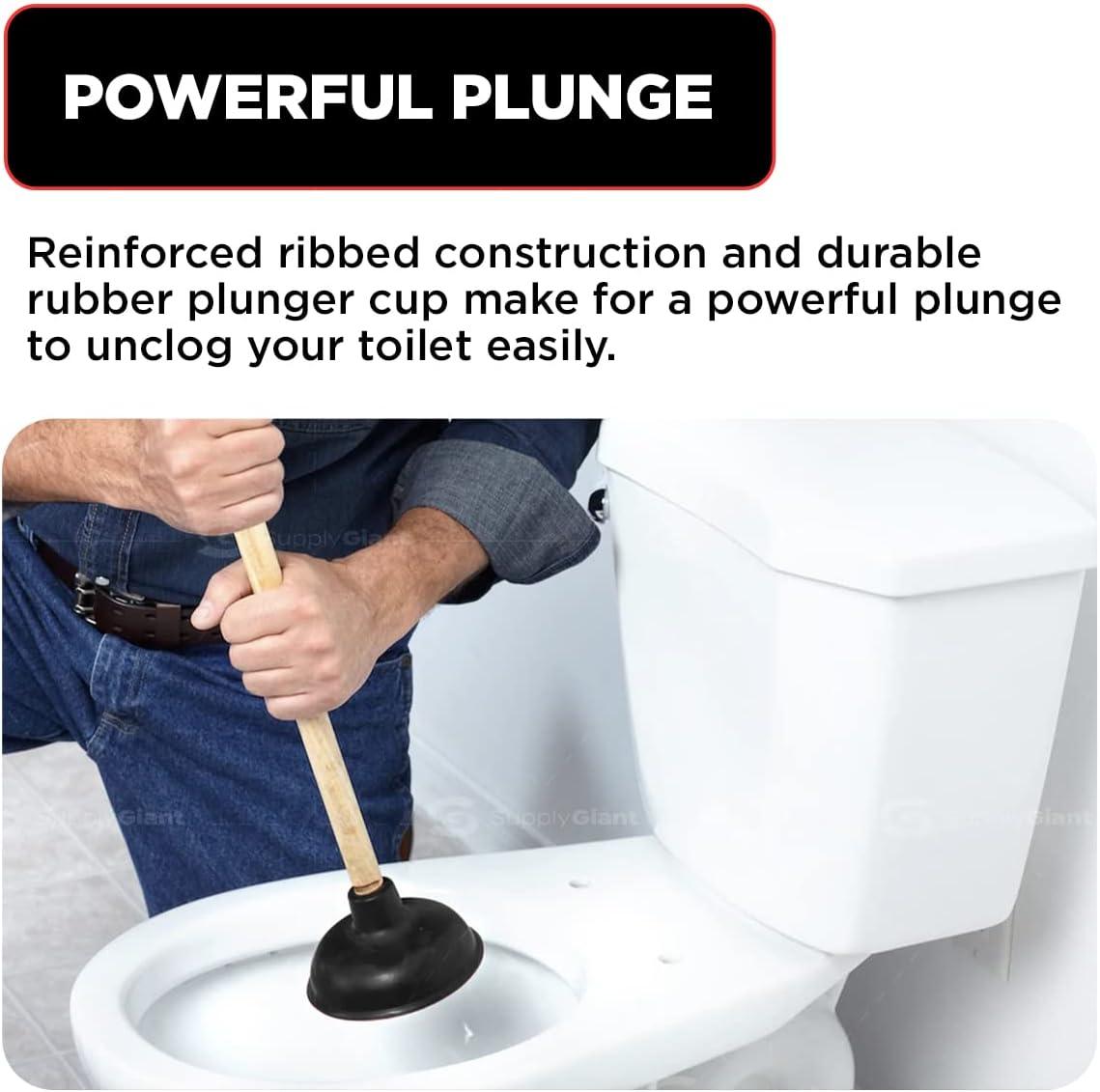 Heavy Duty Toilet Plunger for Bathroom - Strong Suction Force Cup Rubber with 18 in. Wooden Handle to Fix Clogged Toilets and Drains