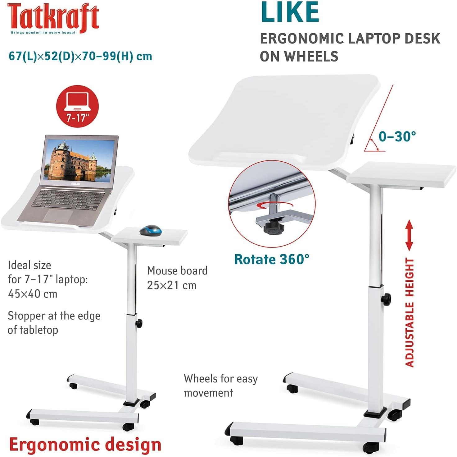 White Adjustable Height Rolling Laptop Desk with Mouse Pad