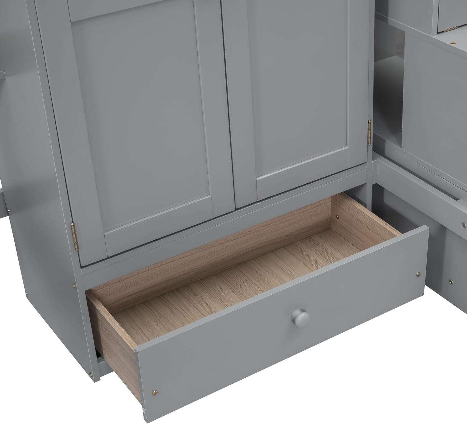 Bellemave Full Size Loft Bed with Stairs and Wardrobe, Wood Loft Beds Frame with Desk and Storage Drawers, Stairway Loft Bed for Kids, Teens & Adults（Gray）