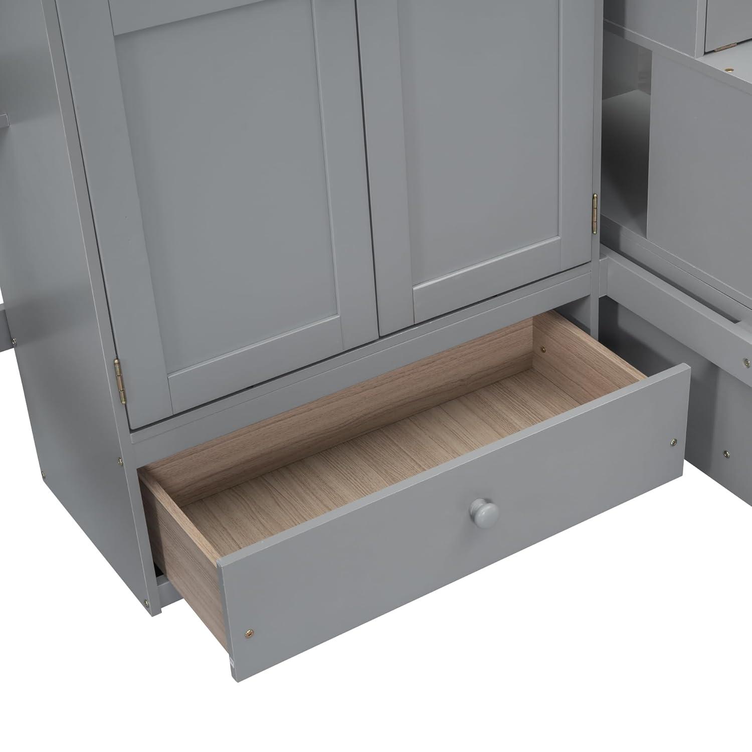 Bellemave Full Size Loft Bed with Stairs and Wardrobe, Wood Loft Beds Frame with Desk and Storage Drawers, Stairway Loft Bed for Kids, Teens & Adults（Gray）