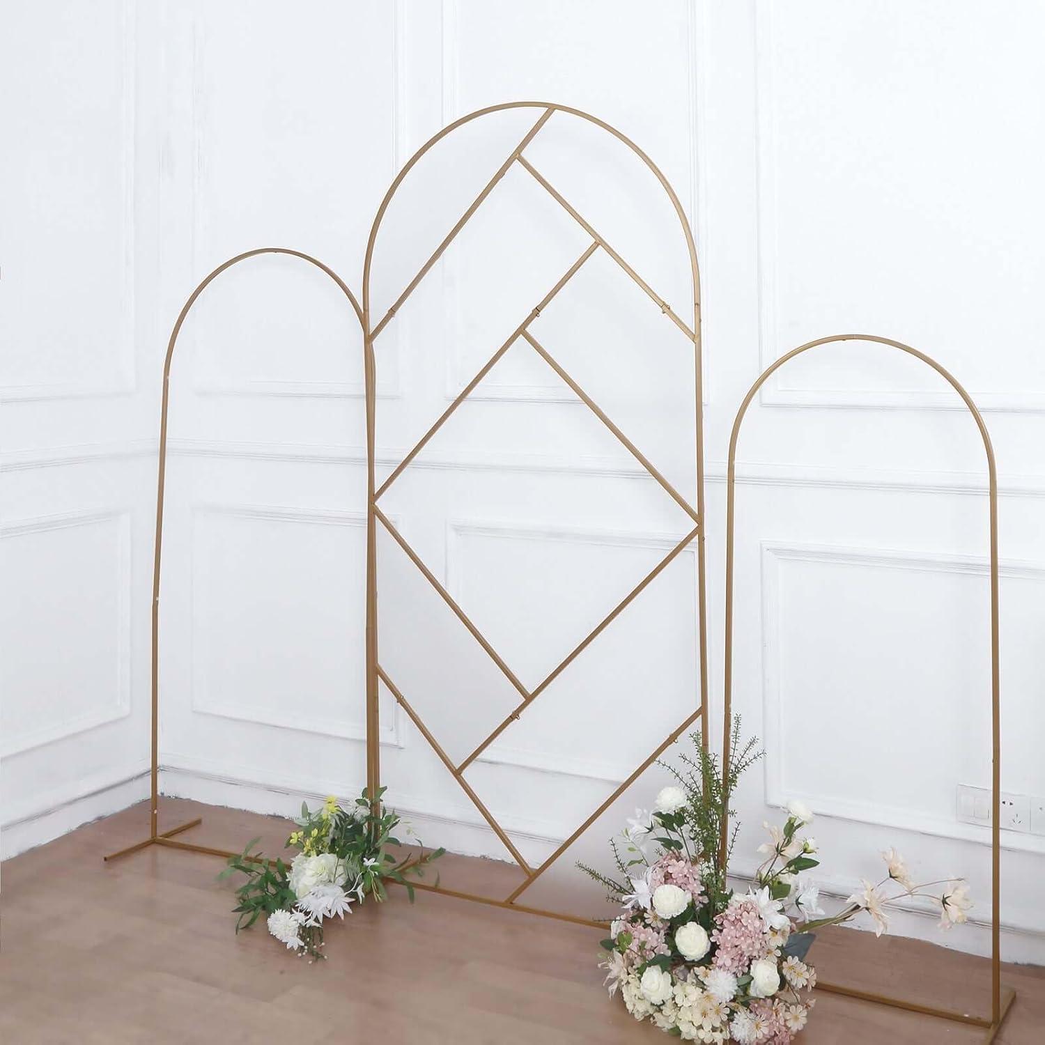 Efavormart 7ft Tall Gold Metal Geometric Wedding Backdrop Rectangle Floor Stand, Flower Stand Doorway Wall Prop With Cloudy Film Insert for Weddings, Showers, Party, Centerpiece Decorations