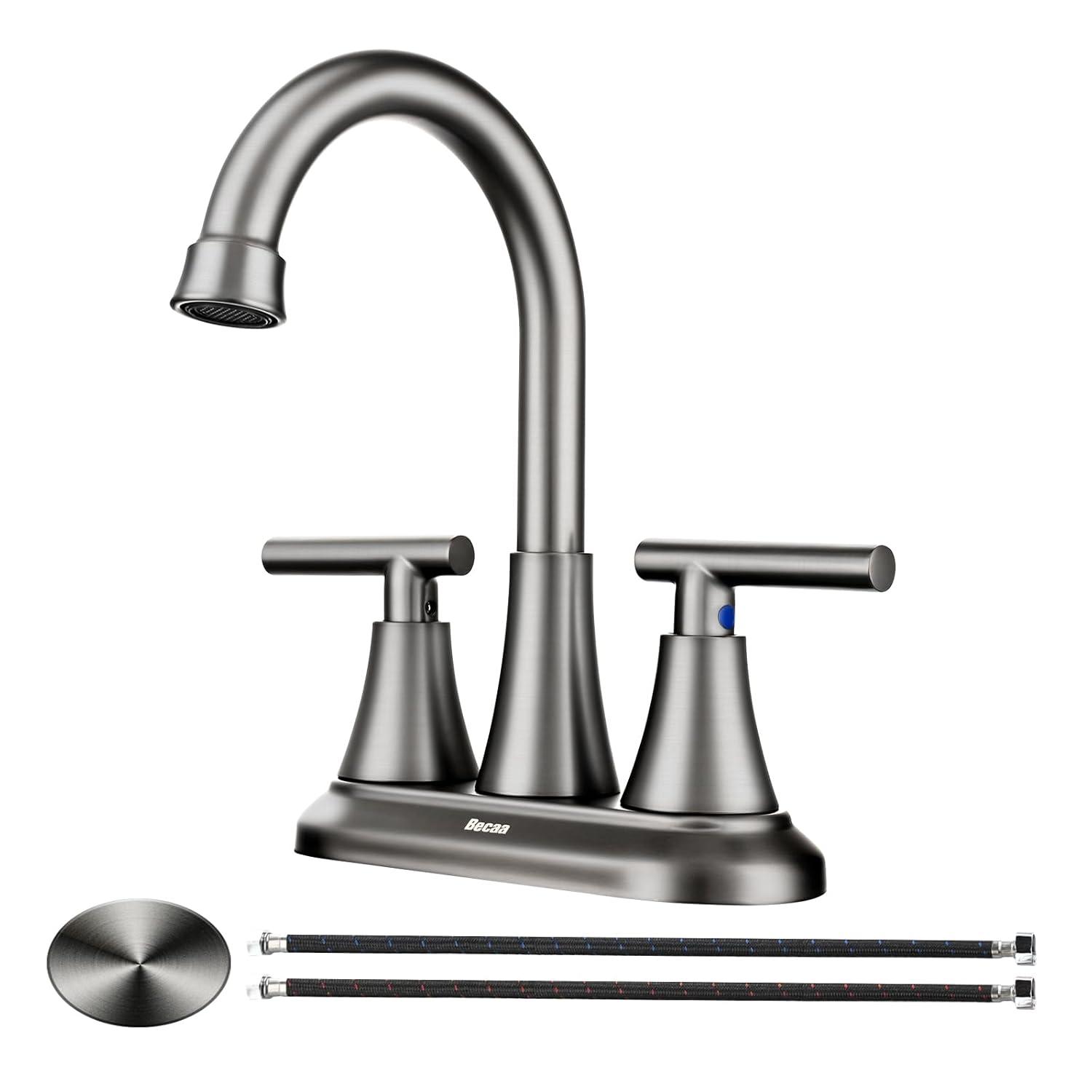 4 Inch Bathroom Faucets for Sink 3 Hole, Faucet for Bathroom Sink with Pop-up Drain & Supply Hoses, 2-Handle 360 Swivel Spout Stainless Steel Lead-Free, Centerset Faucet for Vanity Lavatory