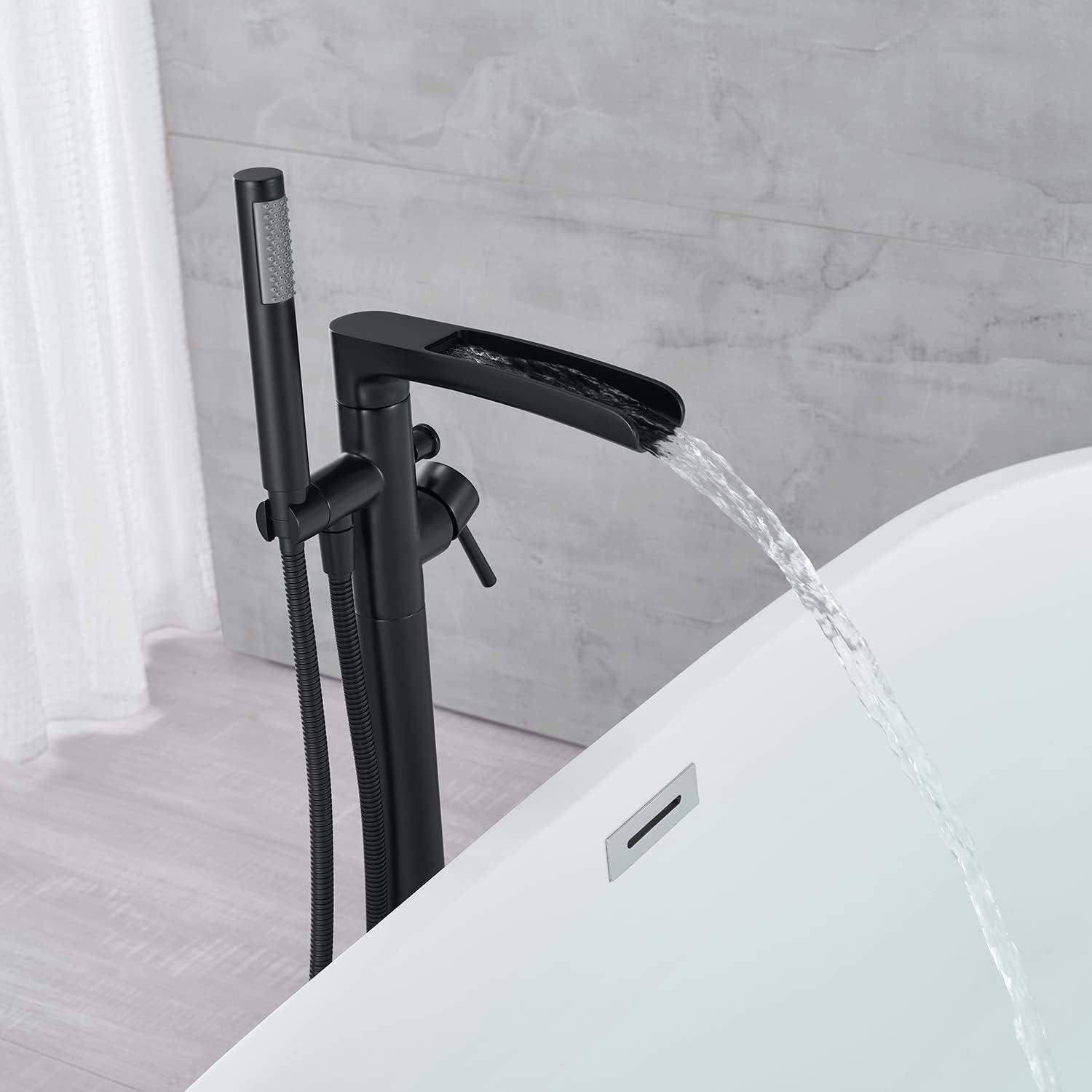 MOGFCT Waterfall Freestanding Bathtub Faucet Set Single Handle Floor Mount Tub Filler with Hand Shower ,Matte Black