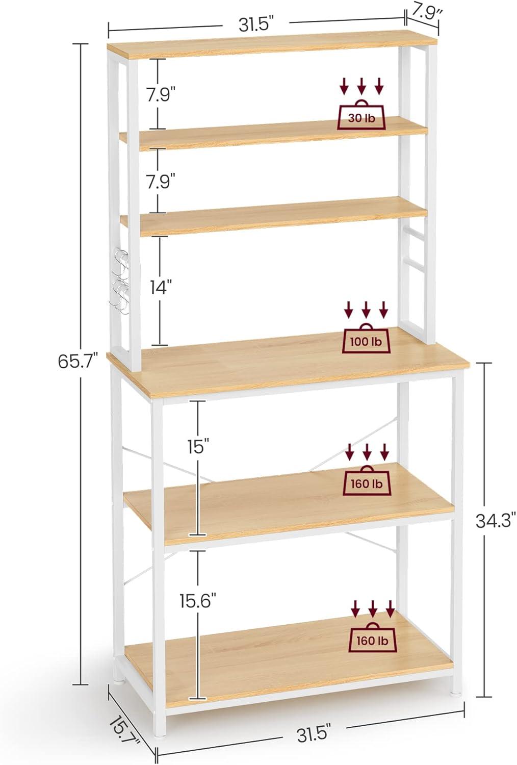 Oak and White 6-Tier Industrial Kitchen Baker's Rack with Storage