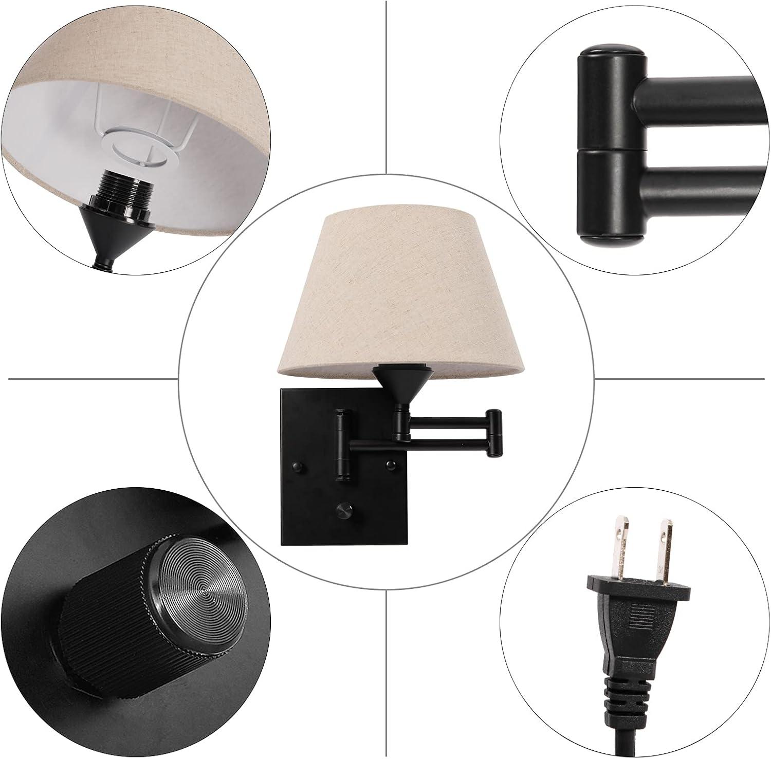 Black Metal Swing Arm Wall Sconce with White Fabric Shade