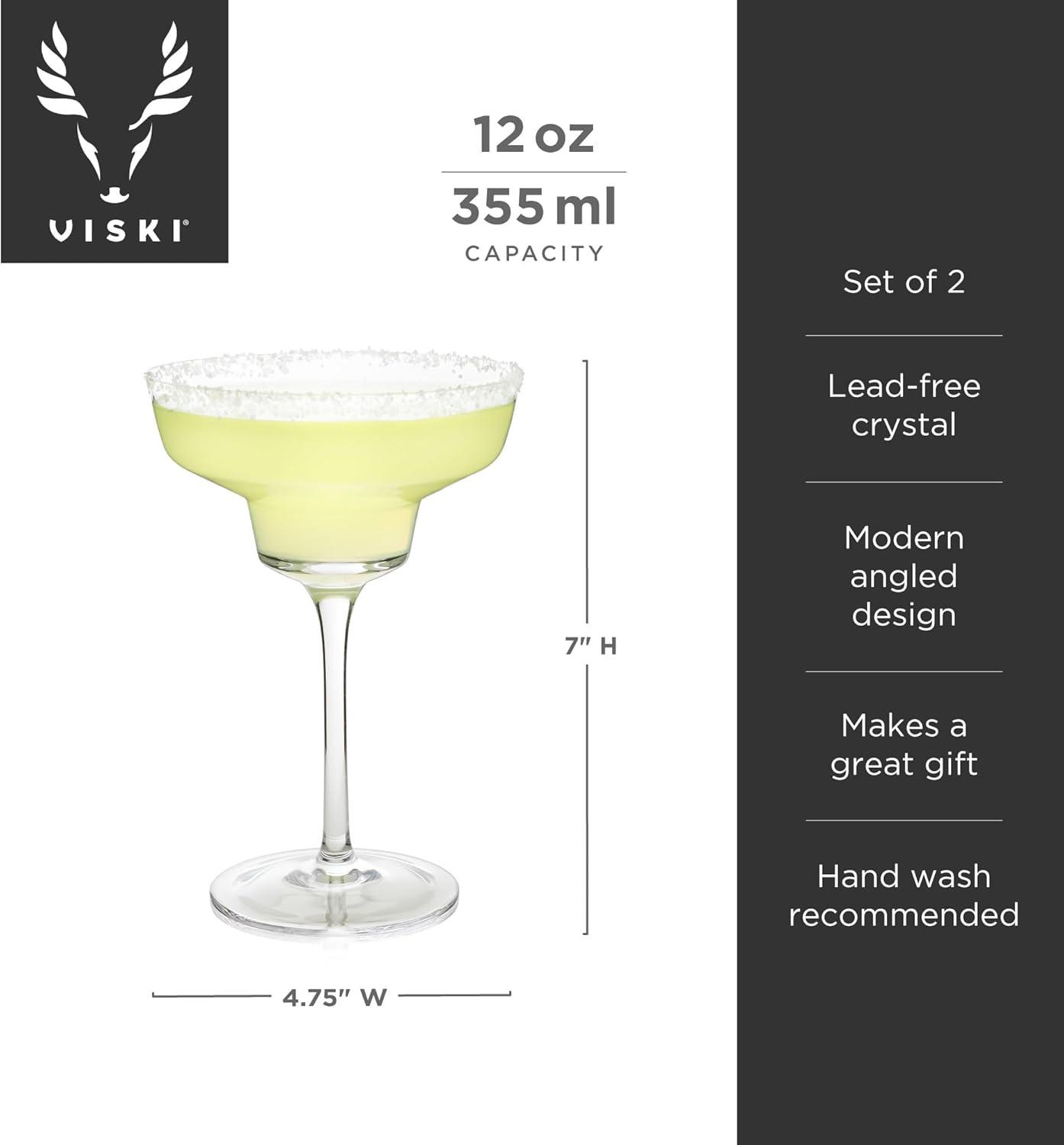 Viski Raye Angled Stemmed Margarita Glasses Set of 2 - Premium Crystal Clear Margarita Cocktail Glasses Drink Gift Set - 12oz