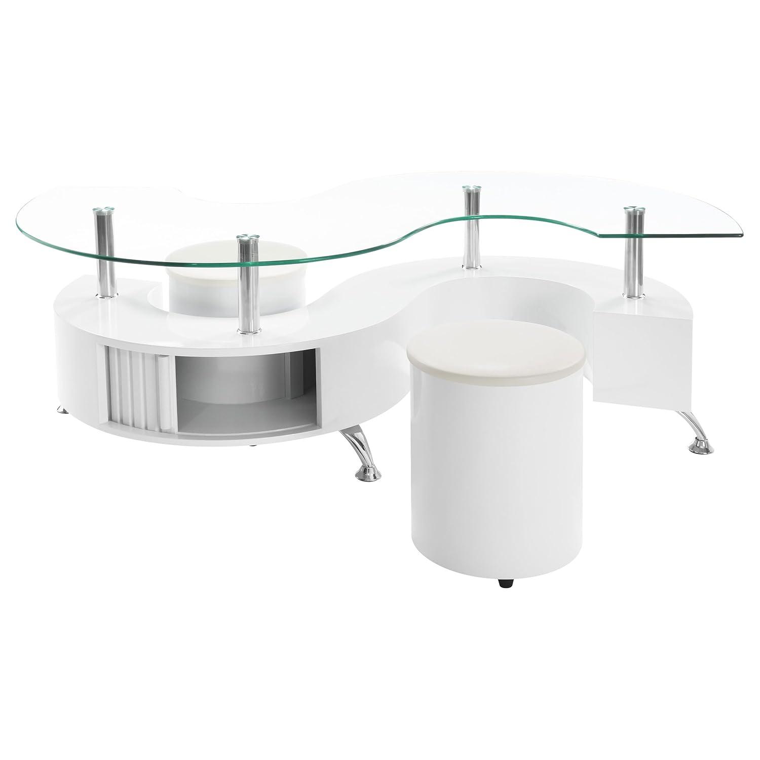 Coaster Buckley Wood Curved Glass Top Coffee Table With Stools in White