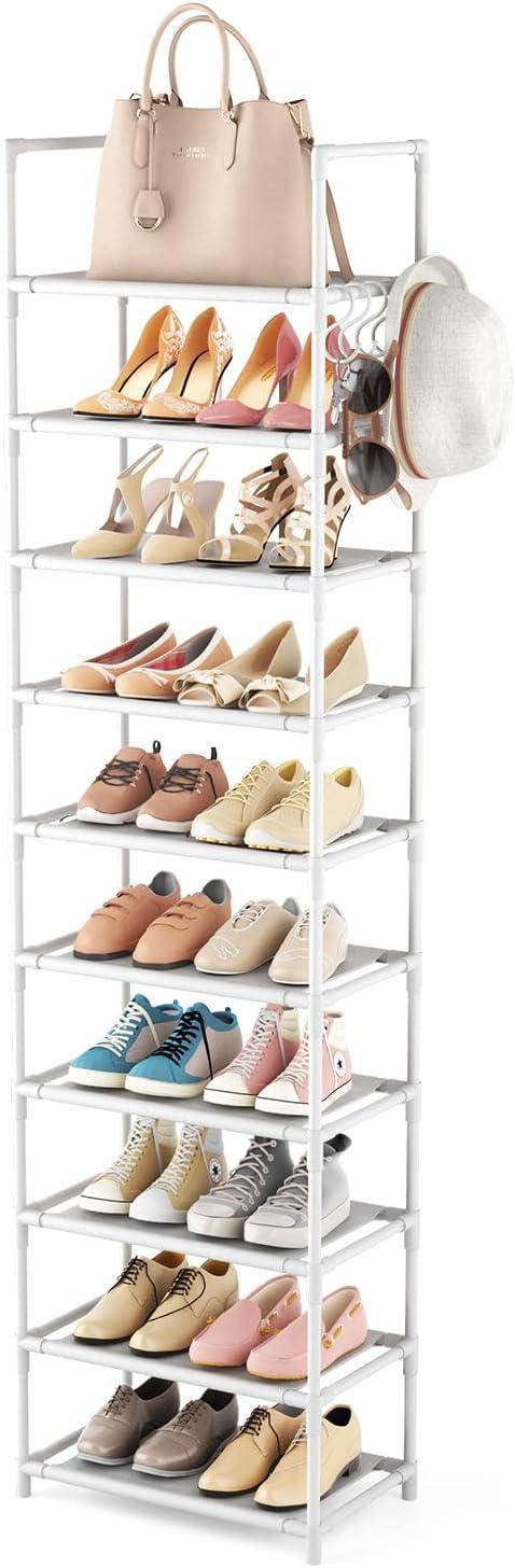 White 10-Tier Tall Stackable Shoe Rack with Hooks