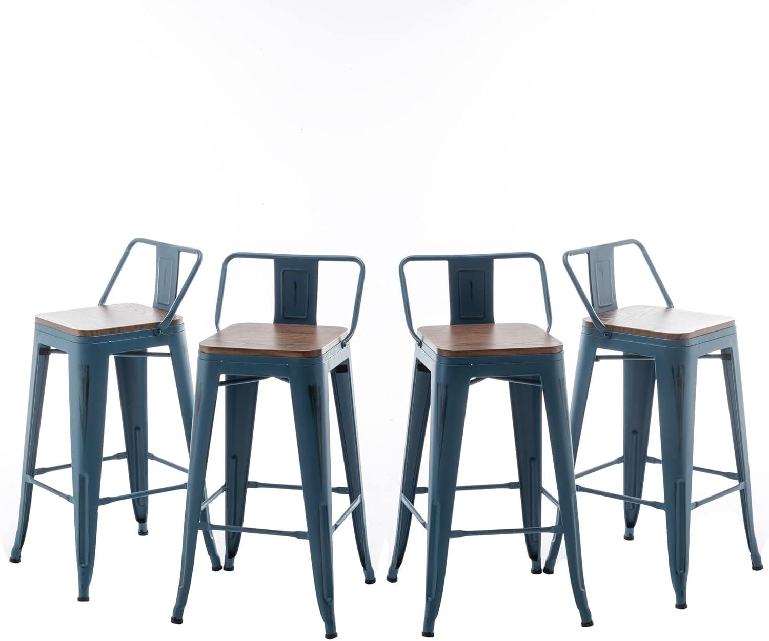 Distressed Navy Industrial Metal Bar Stools with Wood Seats