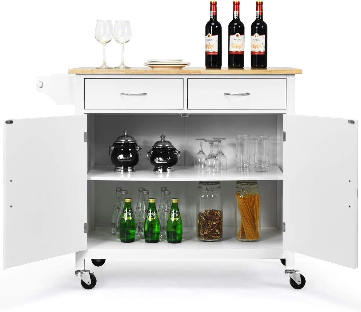 Costway Modern Rolling Kitchen Cart Island Wood Top Storage Trolley Cabinet Utility New White