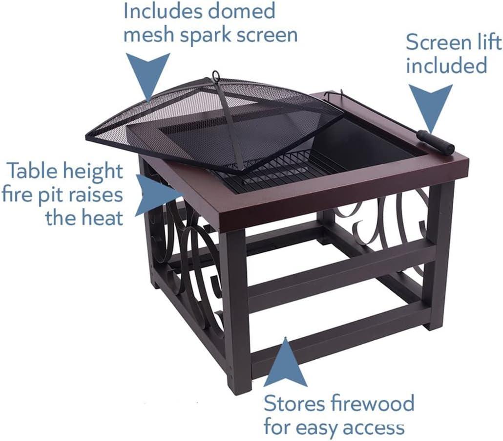 Blue Sky Outdoor Living 28” Square Raised Scroll Fire Pit with Log Grate, Spark Screen, and Lift, Tabletop-Style Steel Fire Pit, Bronze