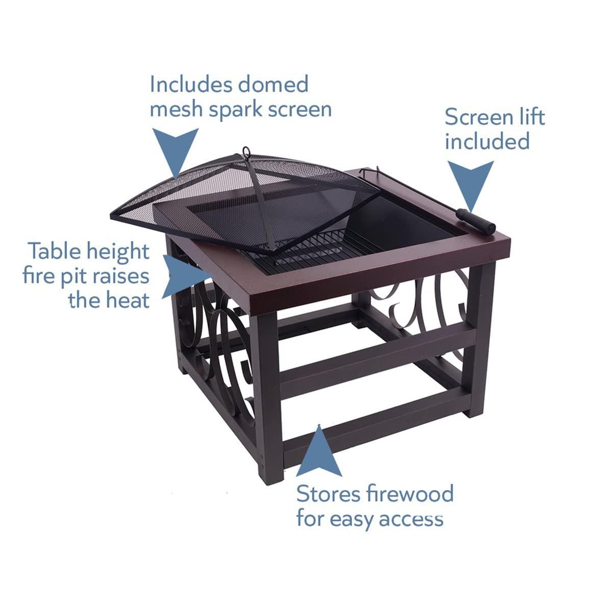 Blue Sky Outdoor Living 28” Square Raised Scroll Fire Pit with Log Grate, Spark Screen, and Lift, Tabletop-Style Steel Fire Pit, Bronze