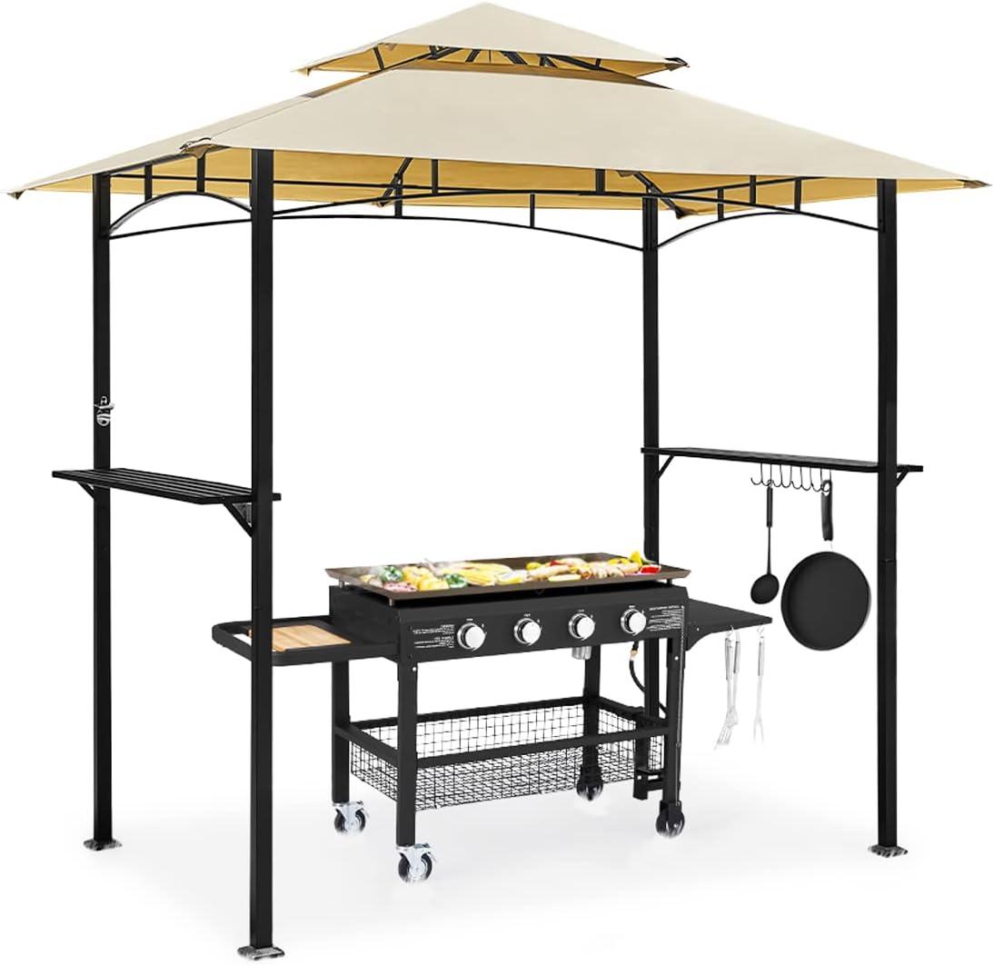 Beige 8' x 5' Double-Tiered Steel Grill Gazebo