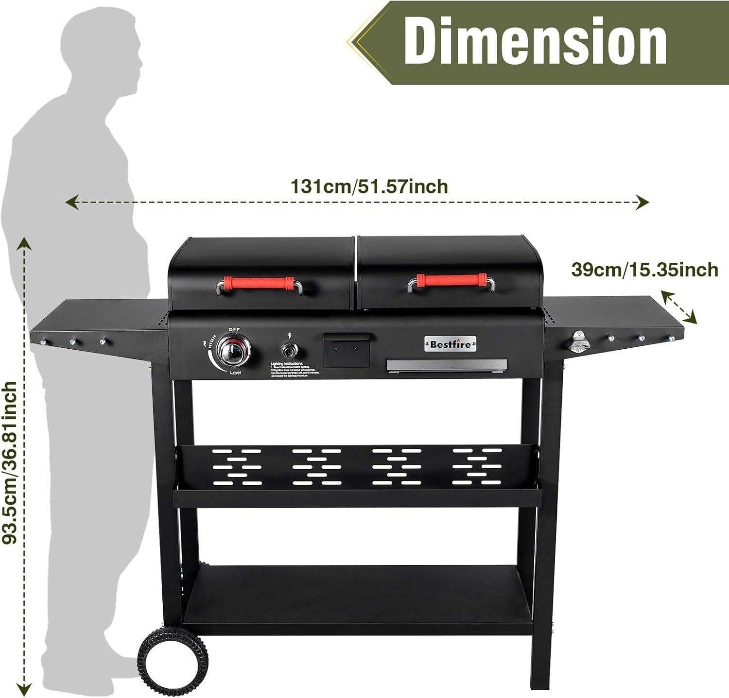 Bestfire Dual Fuel Propane Gas Charcoal Grill Combo Black Dual Lids, Flat Top Grill With 2 Side Shelves for BBQ, Outdoor and Backyard Cooking